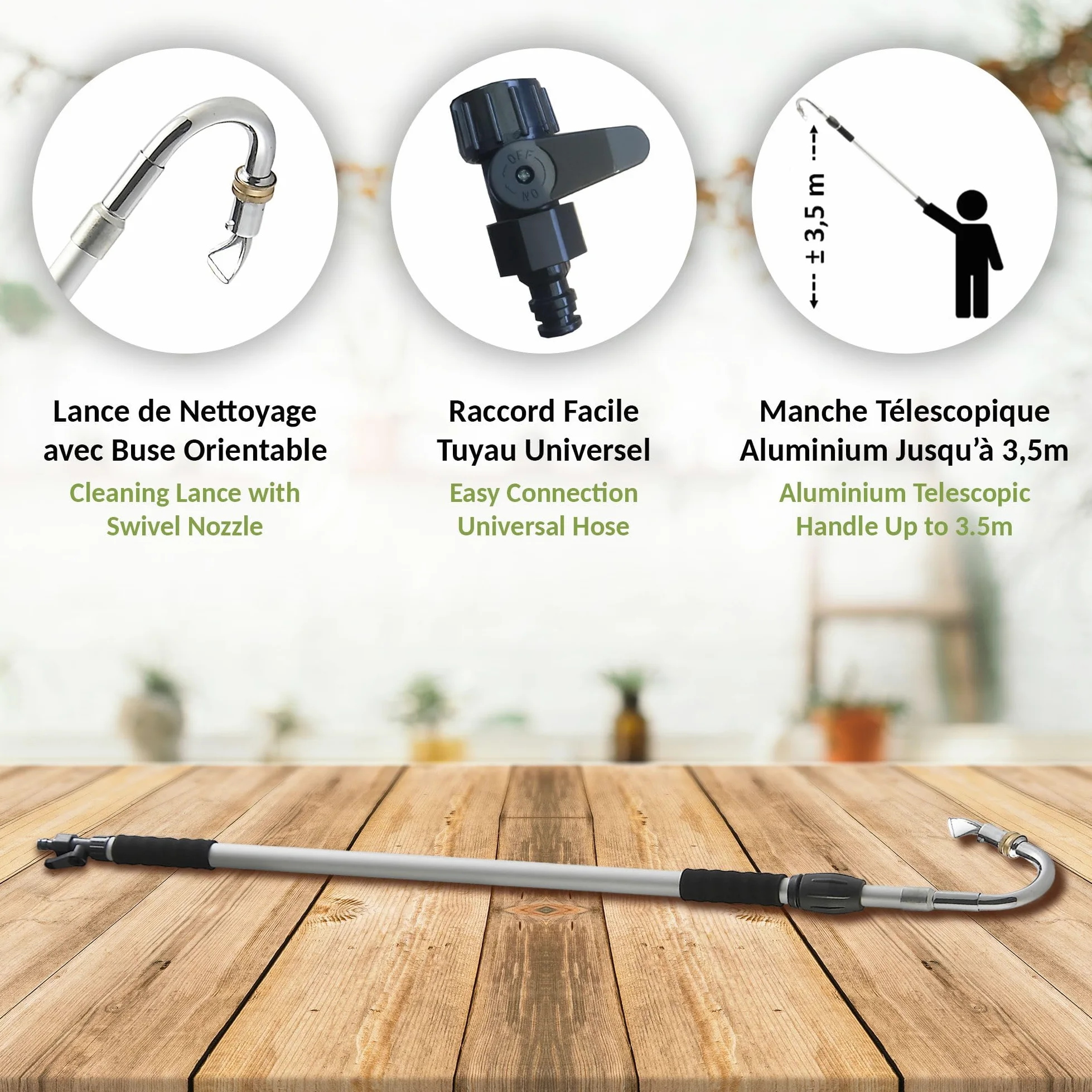 FISHTEC Lance de Nettoyage pour Gouttière avec Manche Télescopique - Buse Coudée et Orientable pour Toiture - Raccord Universel et Vanne 1/4 de Tour - Hauteur de Travail 3,5 m Aluminium Léger