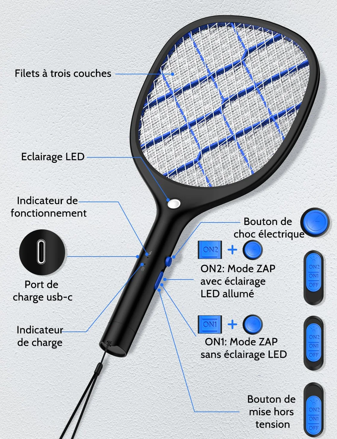 YISSVIC Raquette Electrique Insectes 4000 V Anti Moustique Rechargeable avec LED Noir