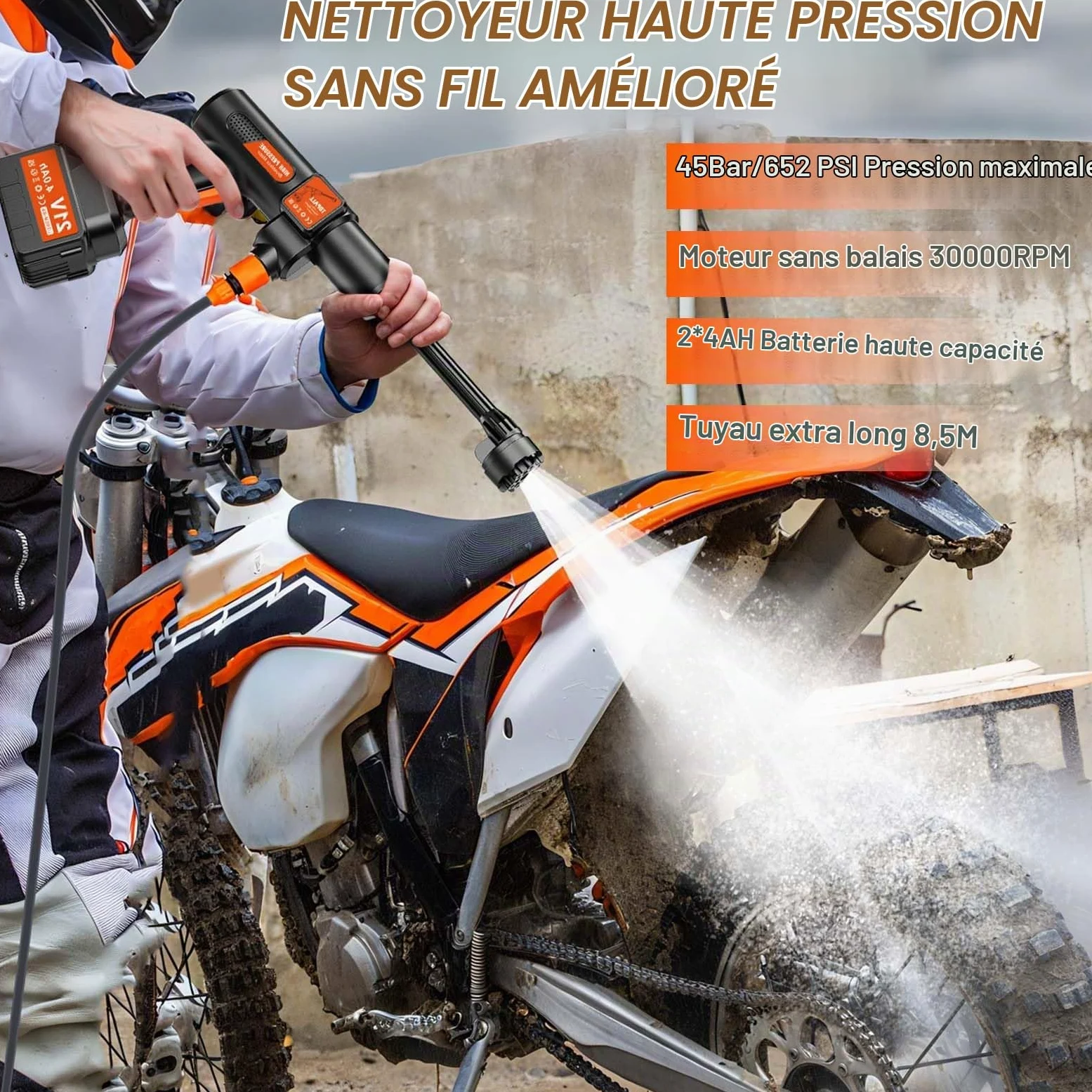 TOPALL Nettoyeur Haute Pression sans Fil,Pistolet Nettoyeur Haute Pression sur Batterie,Max 45Bar Laveur Pistolet Haute Pression avec 2 * 4000mAH Batteries|Tuyau de 8.5M|6-en-1 Buse|Rotative Buse