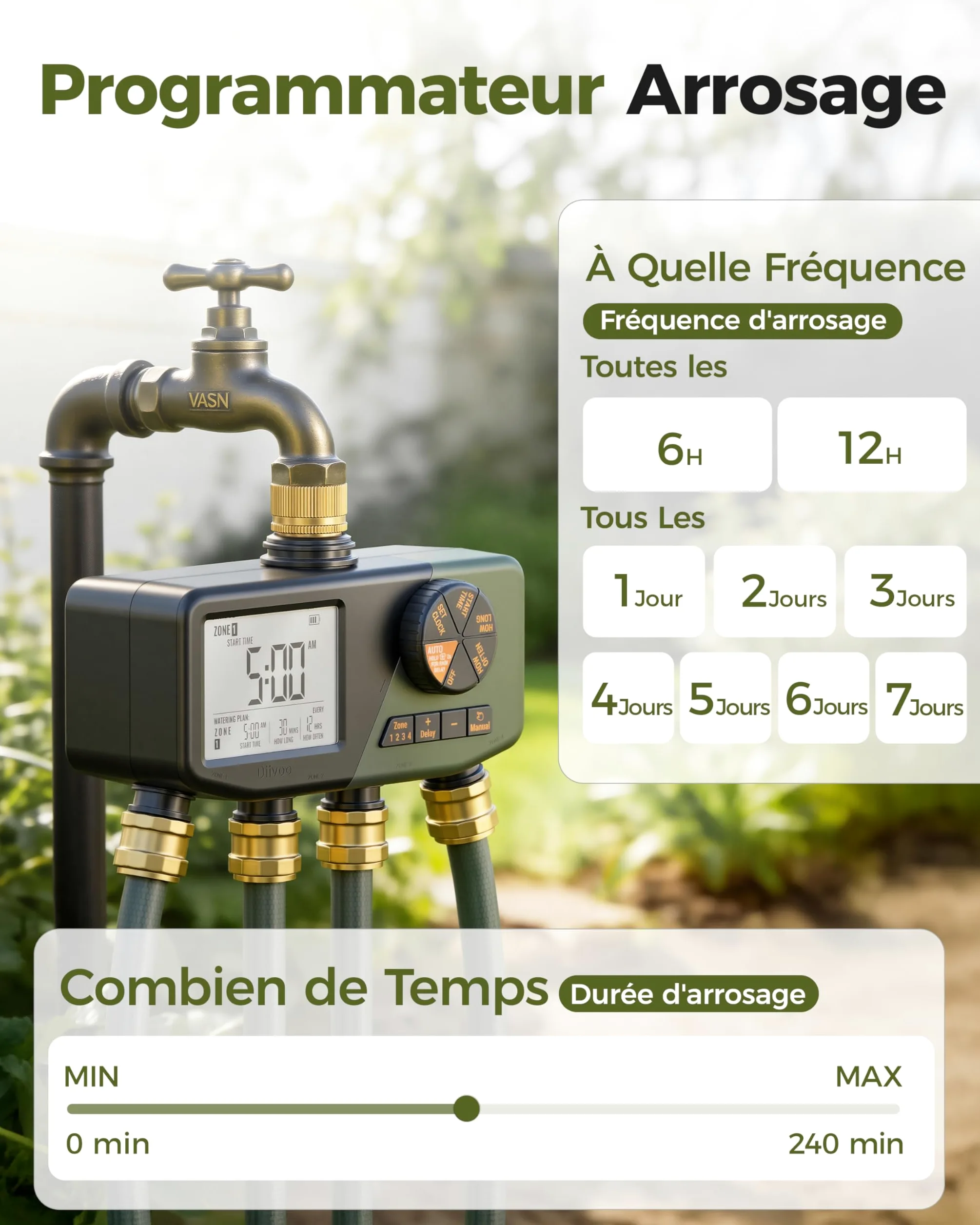 Diivoo IP68 Programmateur Arrosage 4 Voies avec Entrée en Laiton | Grand Écran LCD, Retard de Pluie, Arrosage Manuel/ Automatique, Convient pour Jardin, Pelouse