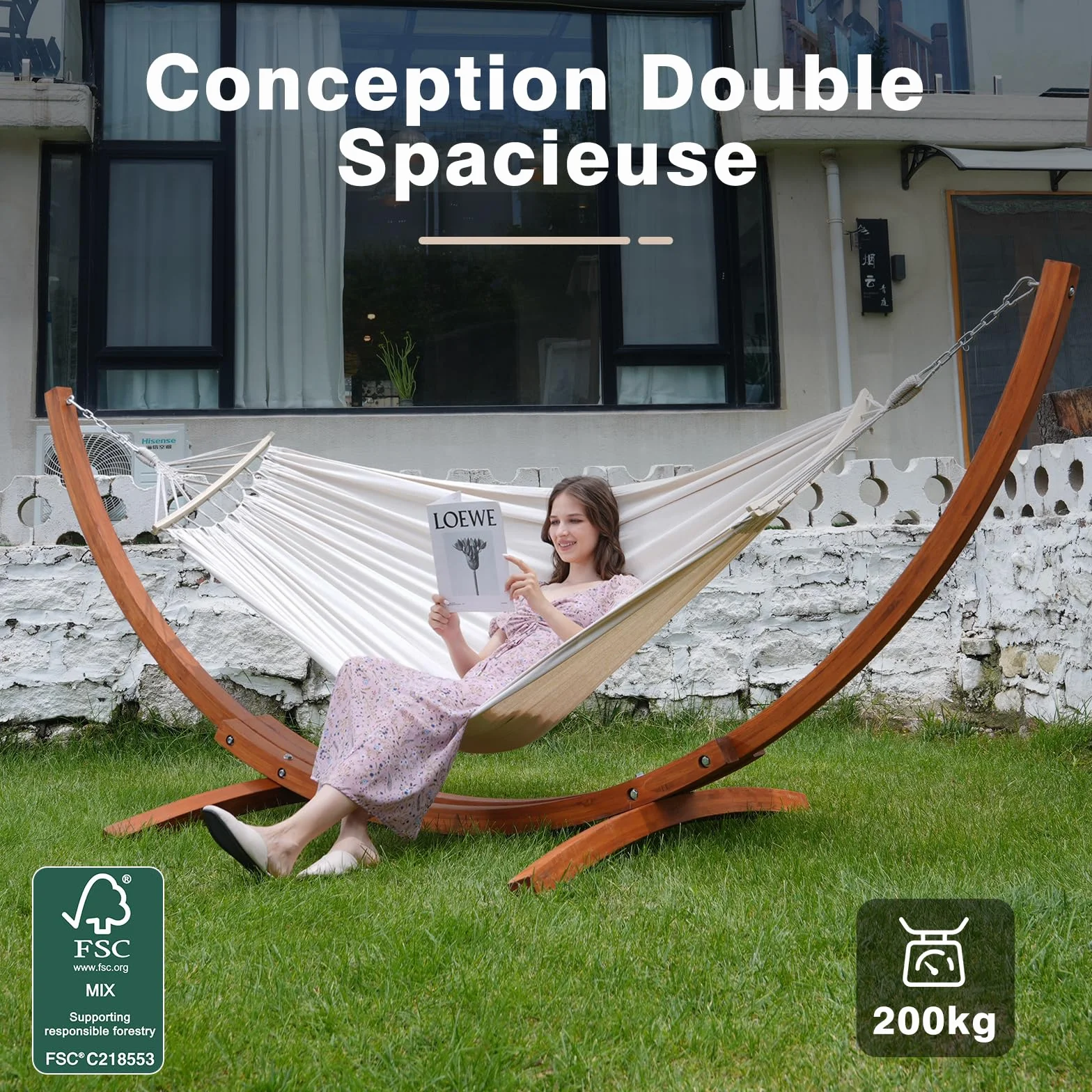 Hamac avec Support en Bois, 320×120 cm, 2 Hamacs, Charge 200 kg | Bois de pin massif, réglable en hauteur, structure stable extérieur