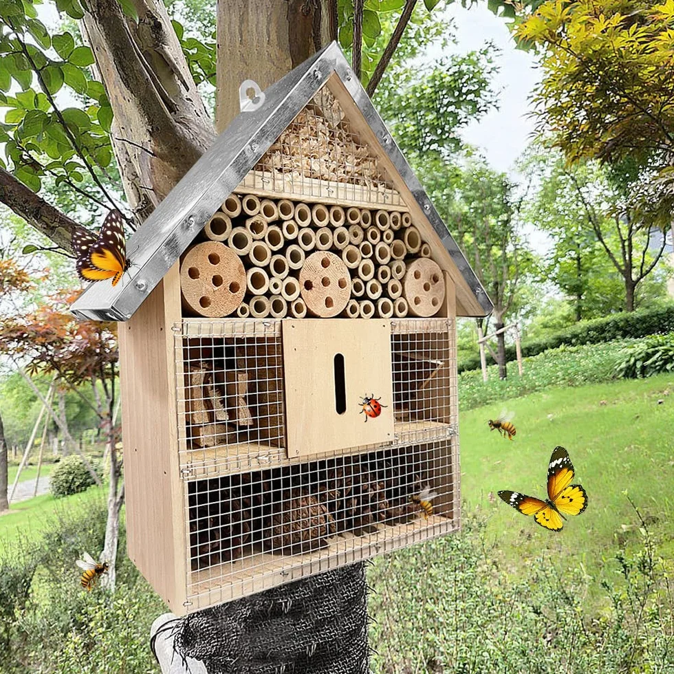 Hotel Insectes Exterieure à Suspendre en Bois avec Toit Imperméable Métal pour Abeille Papillon Coccinelle Jardin Balcon