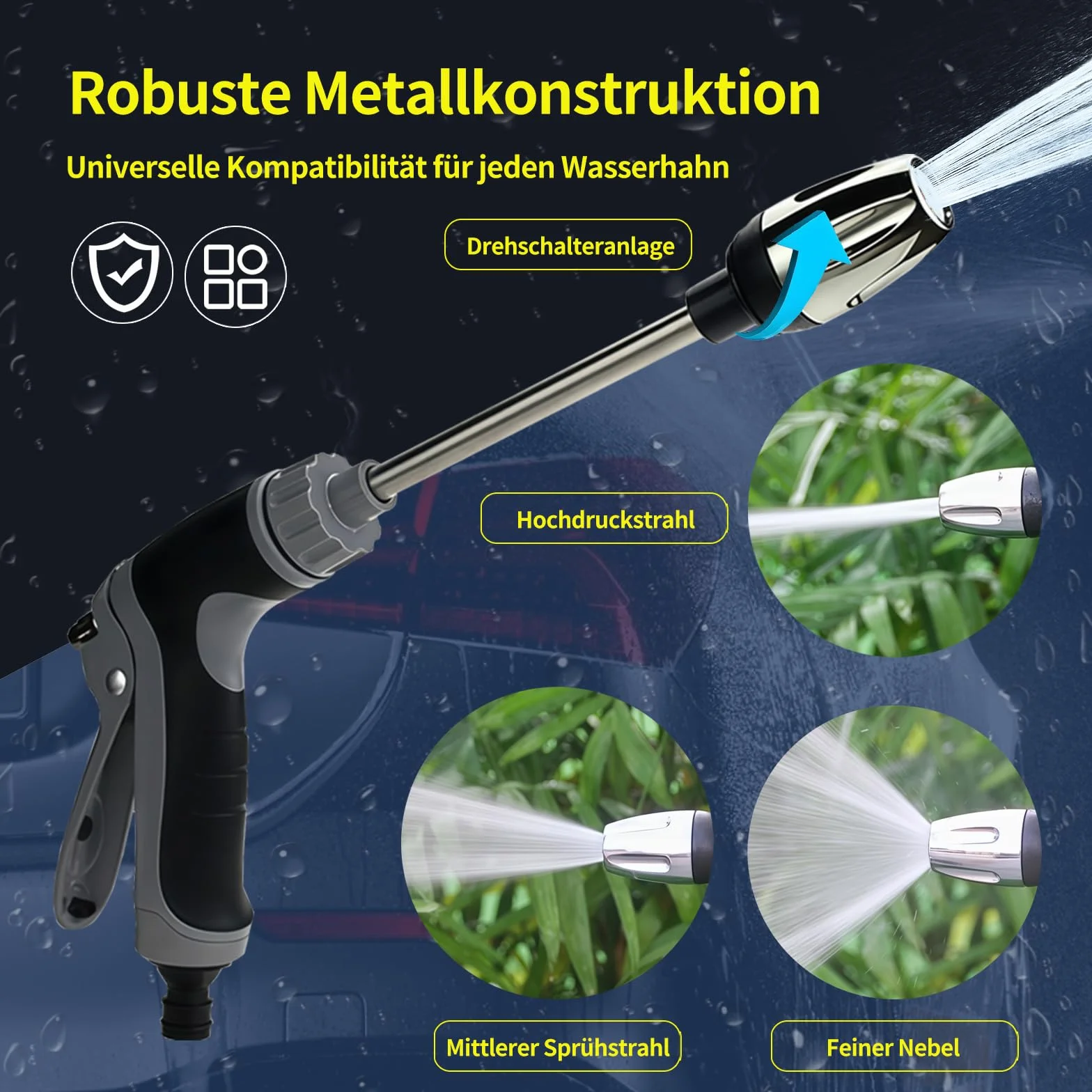 Power Jet Pistolet à haute pression Set de tuyau de jardin, nettoyeur haute pression avec adaptateur en laiton, 3 modes de pulvérisation