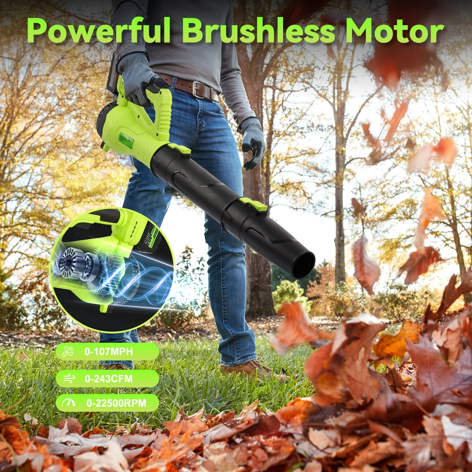 Souffleur de Feuilles sans Fil Nexalite 21V, 2x4Ah, 172 km/h, 6 Vitesses | 172 km/h + moteur 280W; 2 batteries 4Ah (30–40 min); 1,3 kg; 2 buses; jardin, allées, garage, voiture