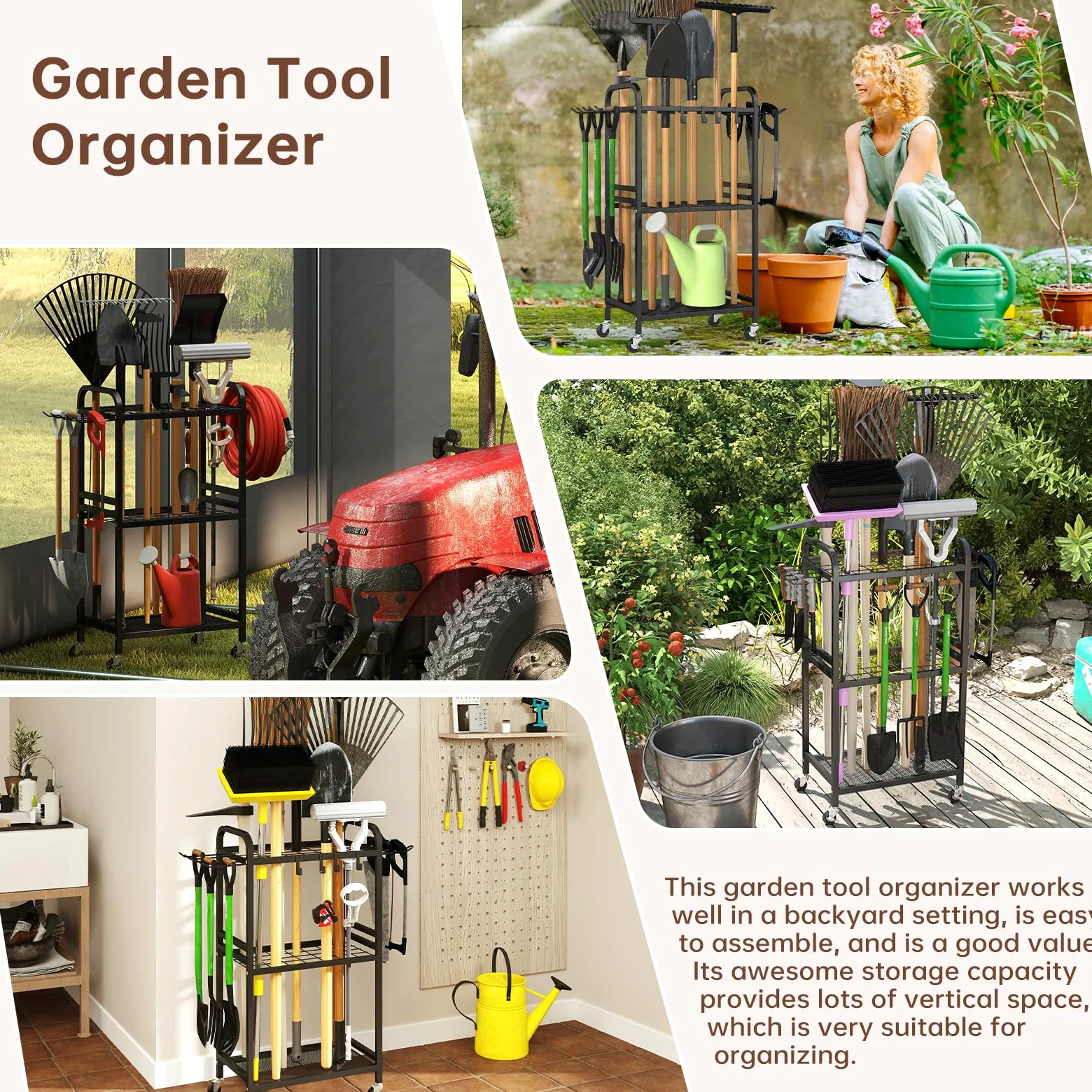 Hadulcet Organiseur d'outils de jardin, organisation et rangement de garage en métal avec roues verrouillables, porte-outils de jardin avec crochets de rangement, organiseur d'outils de cour robuste