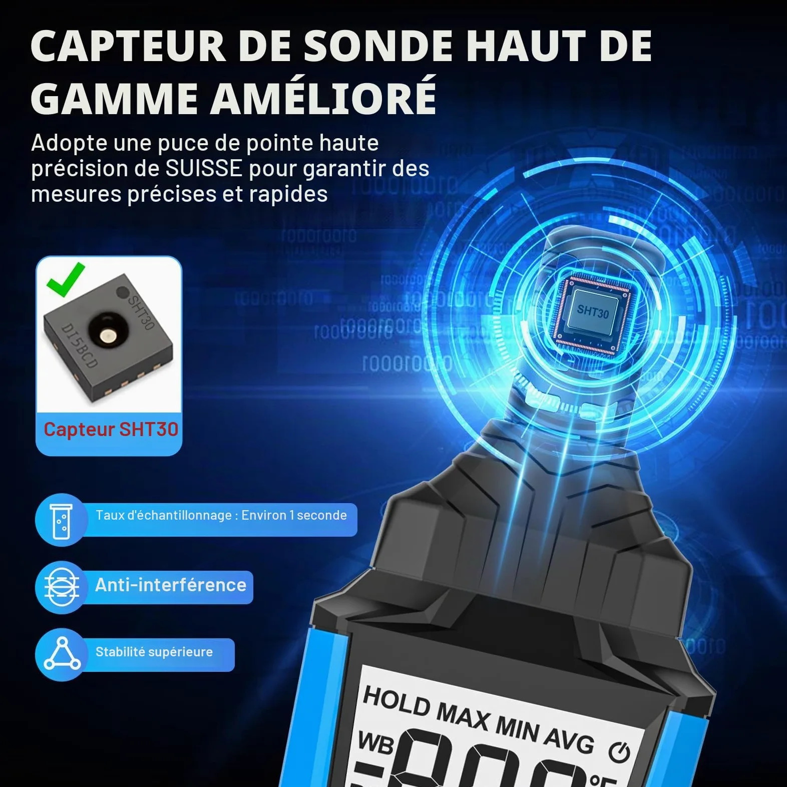 MESTEK Thermomètre Hygromètre Intérieur Extérieur, Thermo-Hygromètre Digital, Multifonctionnel à Haute Précision, pour Température/Humidité Ambiante, Température du Point de Rosée et Bulbe Humide