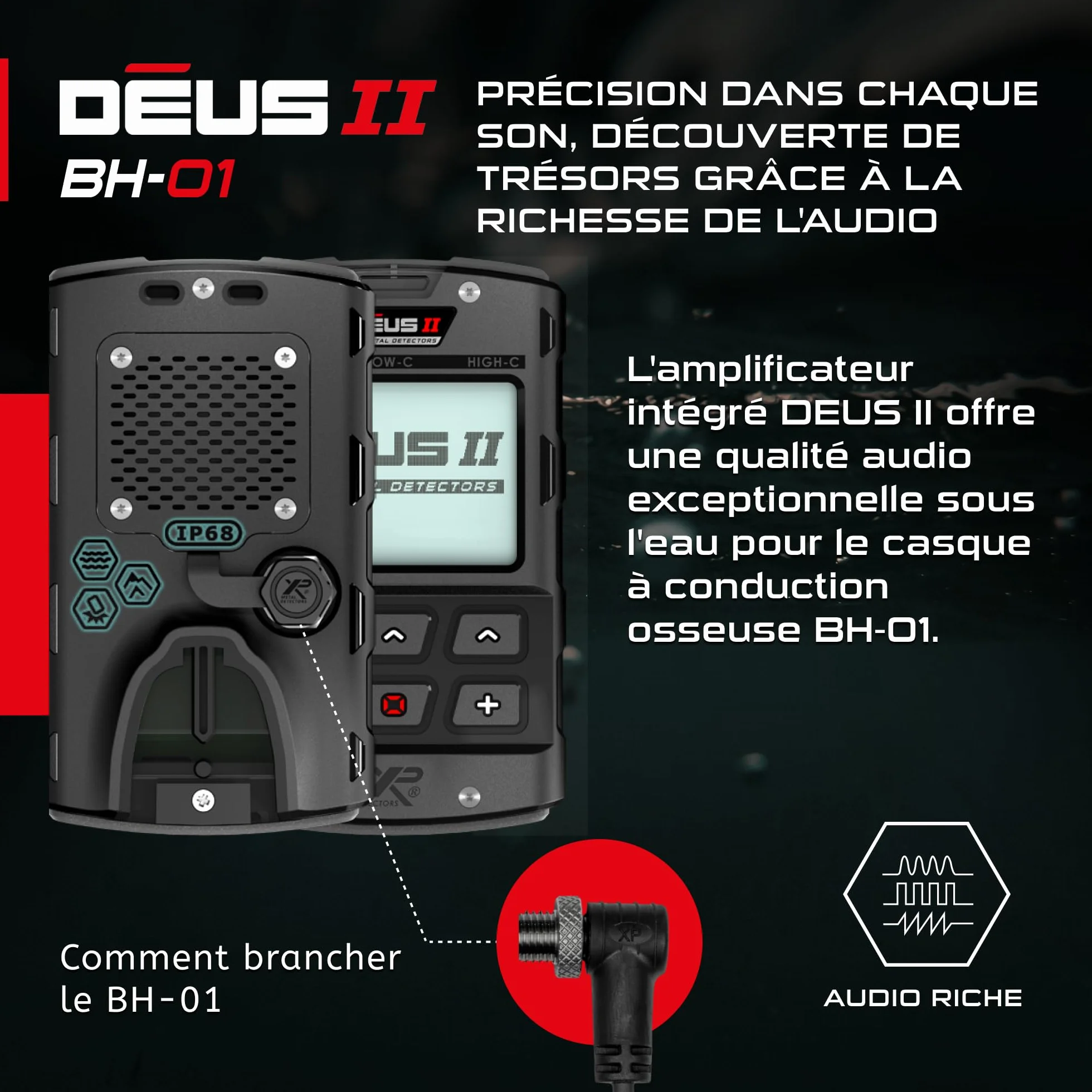XP METAL DETECTORS BH-01 Casque à Conduction osseuse Filaire IP68 pour Deus II détection métaux sous-marine 20m