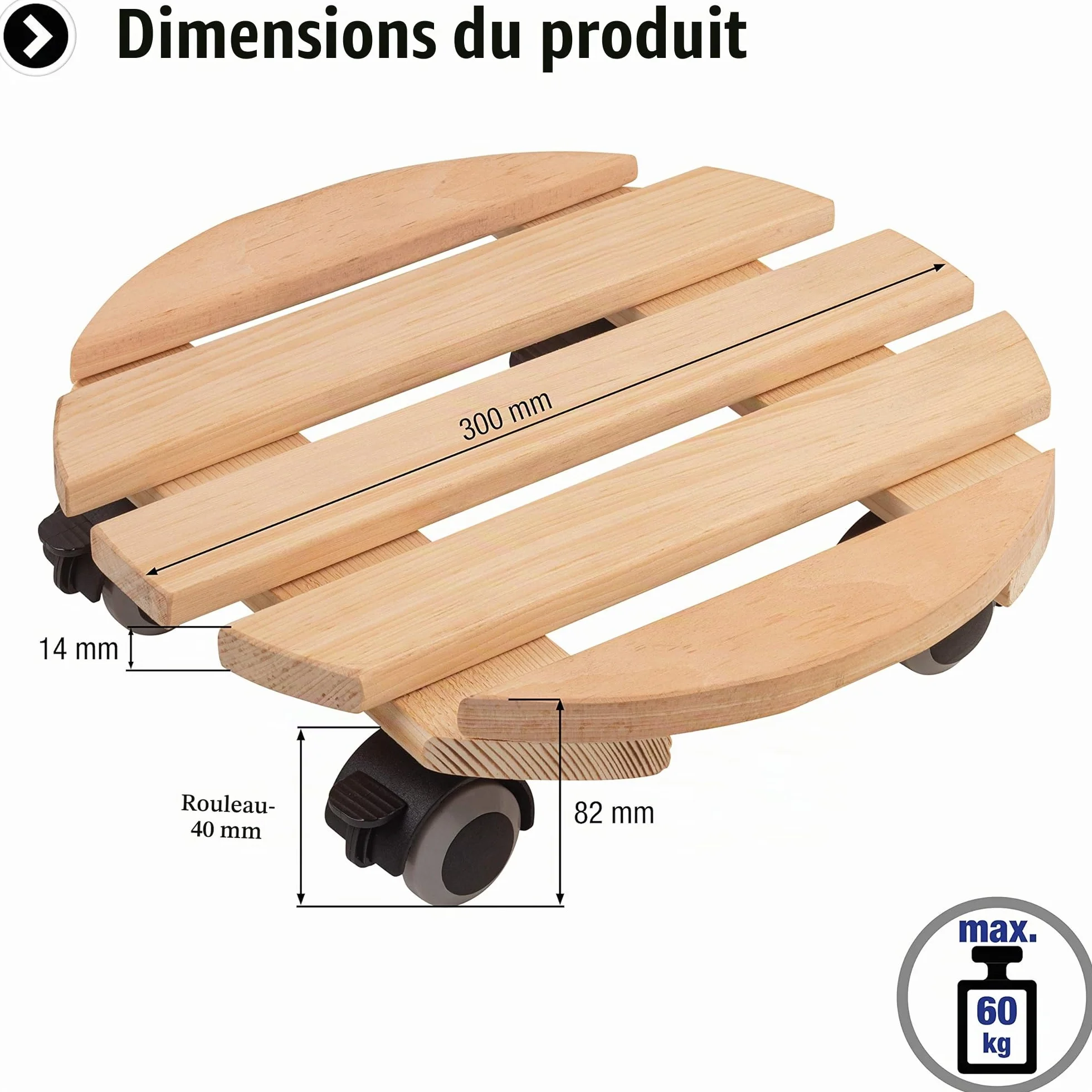 Metafranc Chariot pour Plantes Ø 300 mm 60 kg Plaque en pin Naturel Roues TPE 4 blocages