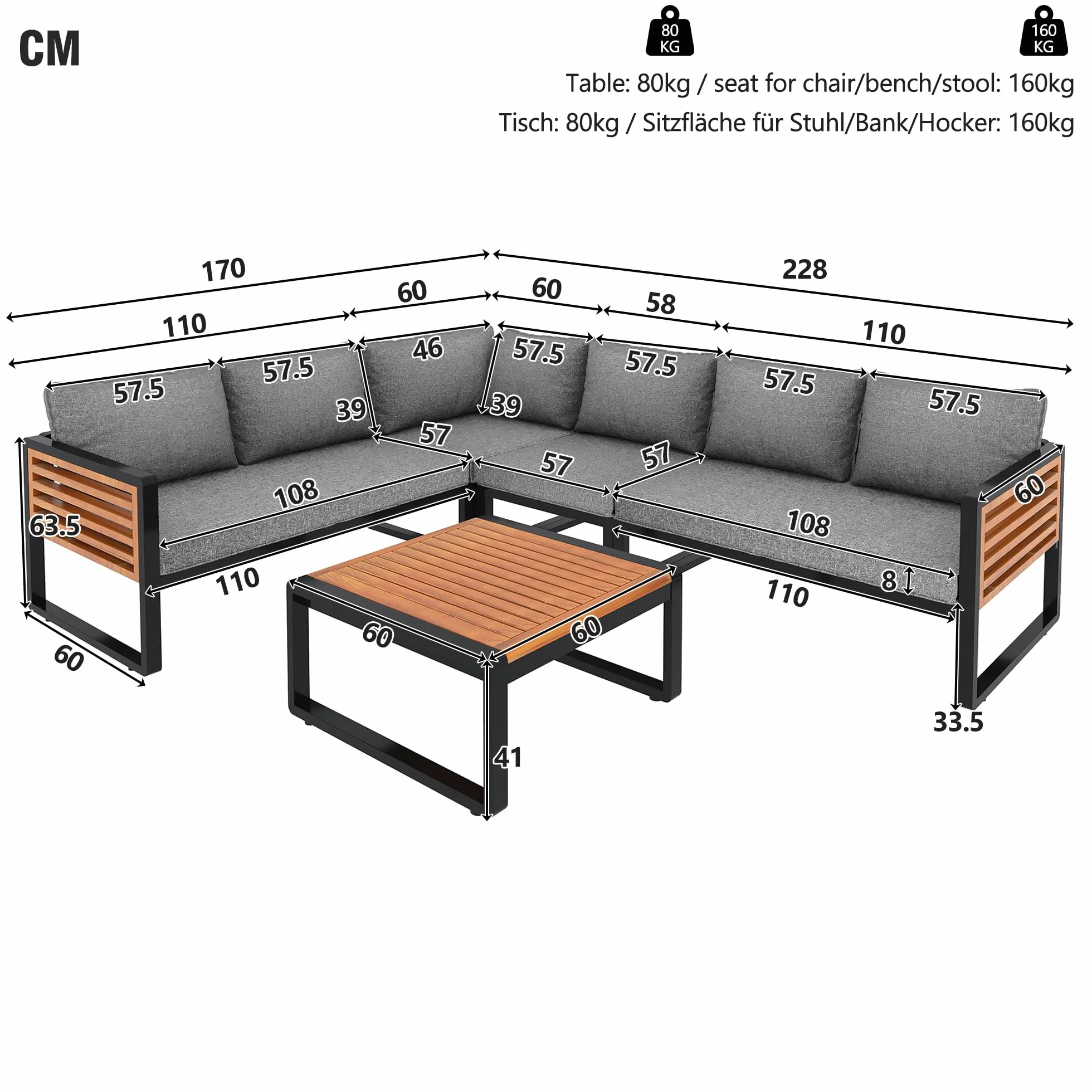 Ensemble Salon de Jardin Exterieur 5-6 Places, Mobilier de Jardin en Métal avec Structure en Fer Zinc et Accoudoirs en Bois, Canapé d'angle Modulable, Table Basse en Bois Massif