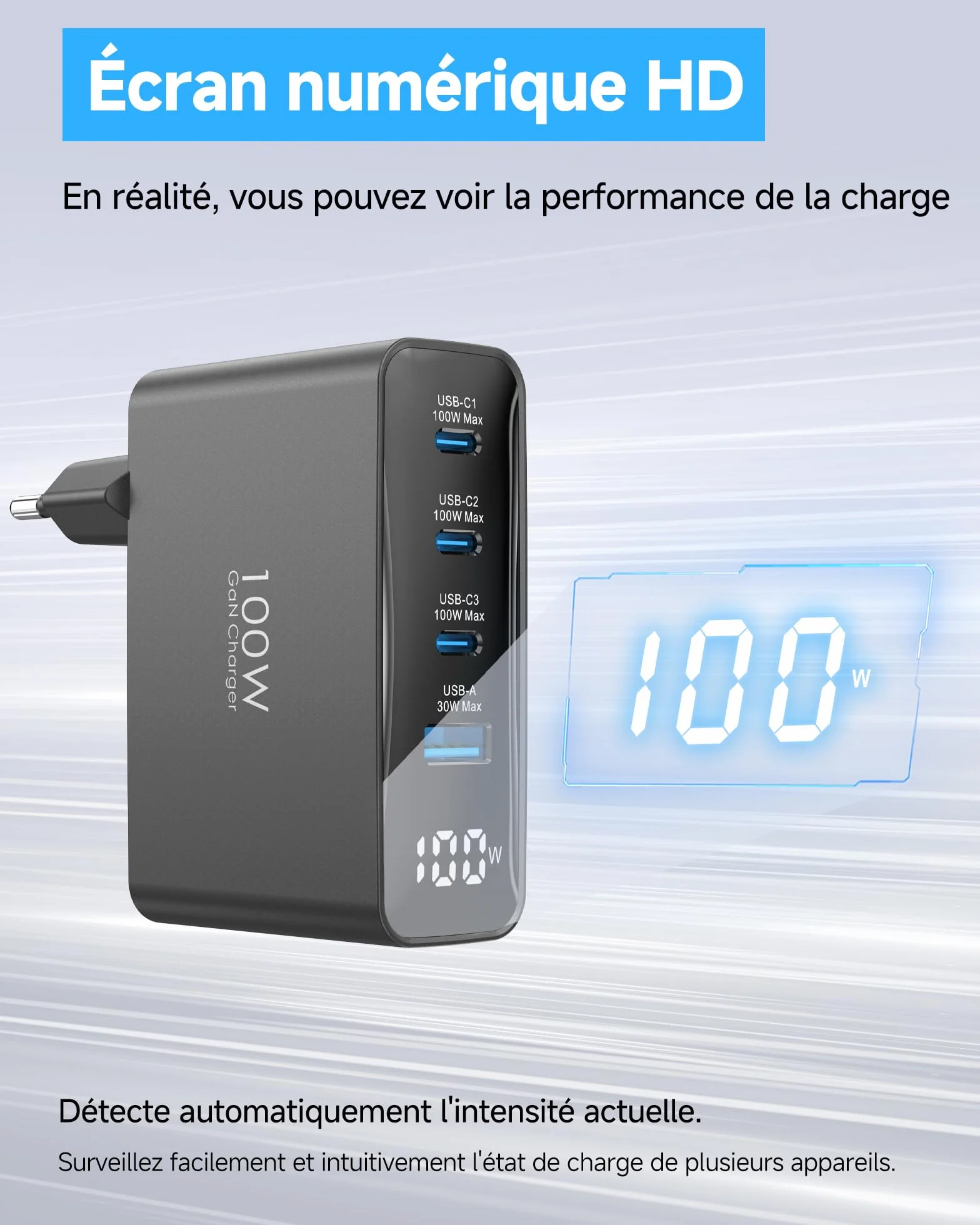 Chargeur USB C 100W GaN 4 Ports Rapide Multiport Noir Compatible iPhone 16 15 Pro Max MacBook Air Pro iPad Air Galaxy S25 S24