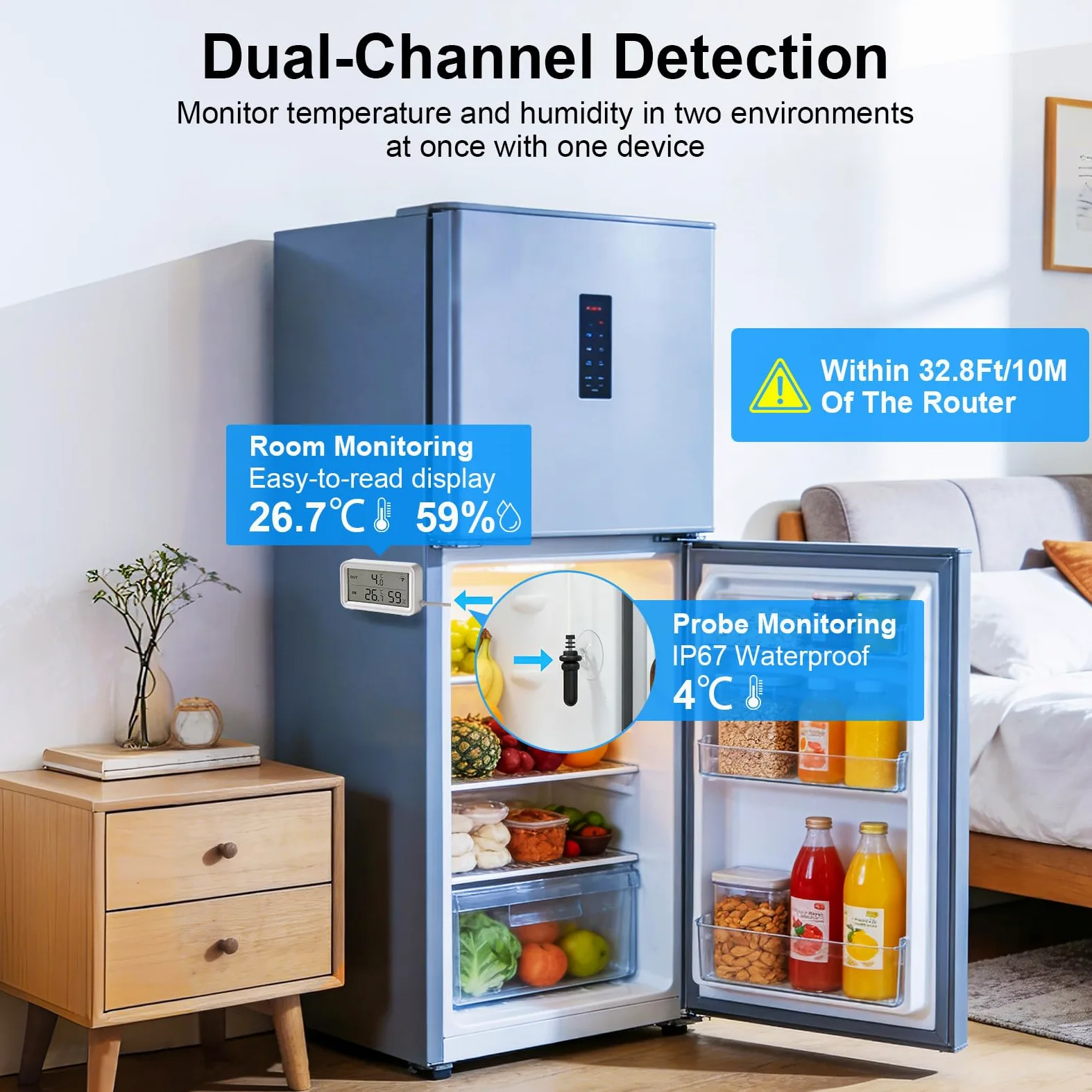 Thermomètre Hygromètre WiFi avec Sonde, Capteur Intelligent avec Alerte App | Capteur de Température et Humidité, Écran LCD, Stockage de Données, Idéal pour Frigo Réfrigérateur Aquarium Serre, Lot de 2