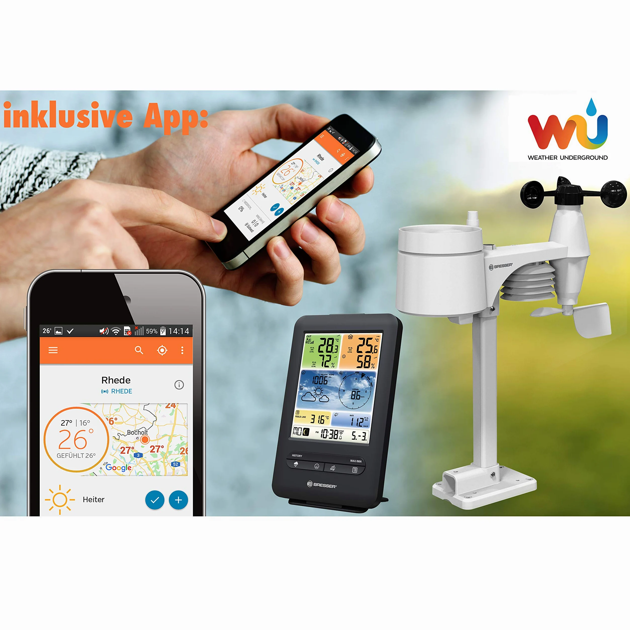 BRESSER Station météo Pro WiFi avec capteur extérieur 7002585 Noir | Bresser V Station météo sans fil professionnelle Wifi 5 en 1