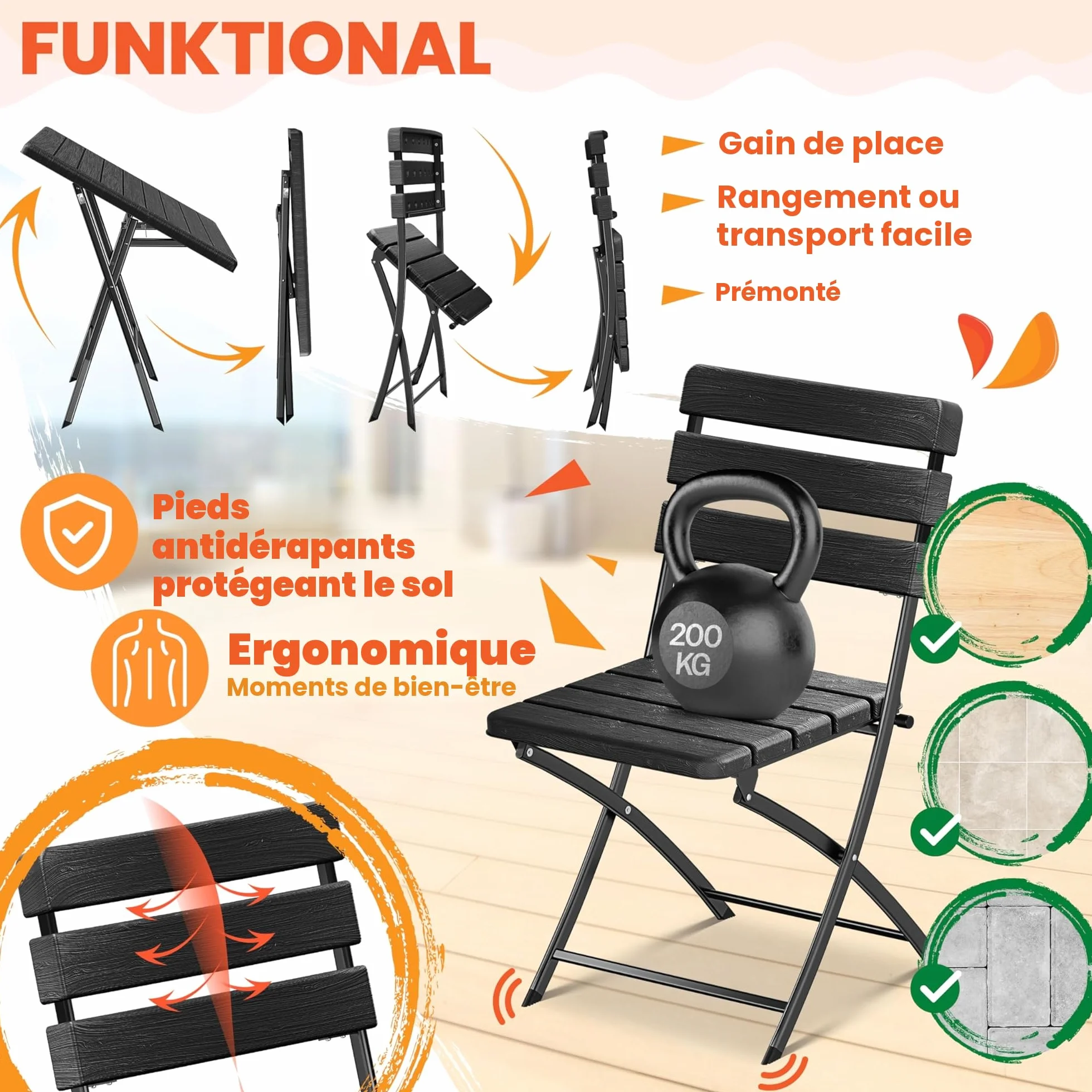 KESSER Ensemble de Bistrot 3 Pièces Pliable Acier Bois Balcon Résistant Intempéries UV
