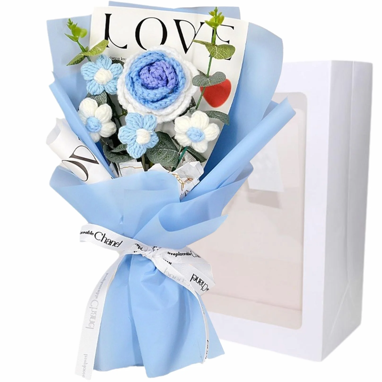 Bouquet de Fleurs au Crochet Roses 7.9x11.8" 5 Têtes Tricotées Mariage Bleu