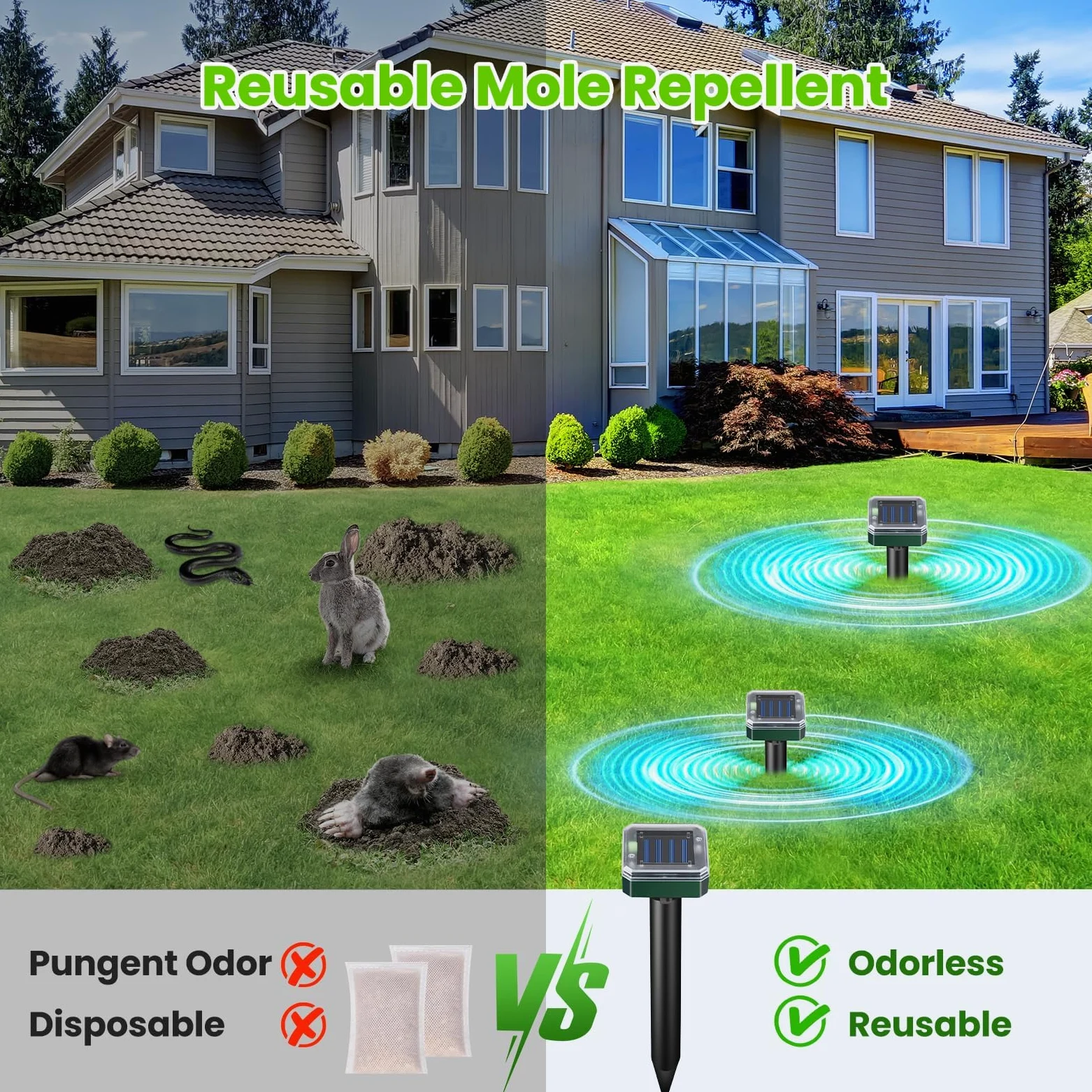 Lot de 8 Répulsifs Solaires Anti-Taupes Ultrason, Piege a Taupe Étanche IP65, Repulsif Ultrason pour Jardin Pelouse, Anti Taupe sans Pile, Detaupeur Écologique, Repulsif Rongeurs Extérieur