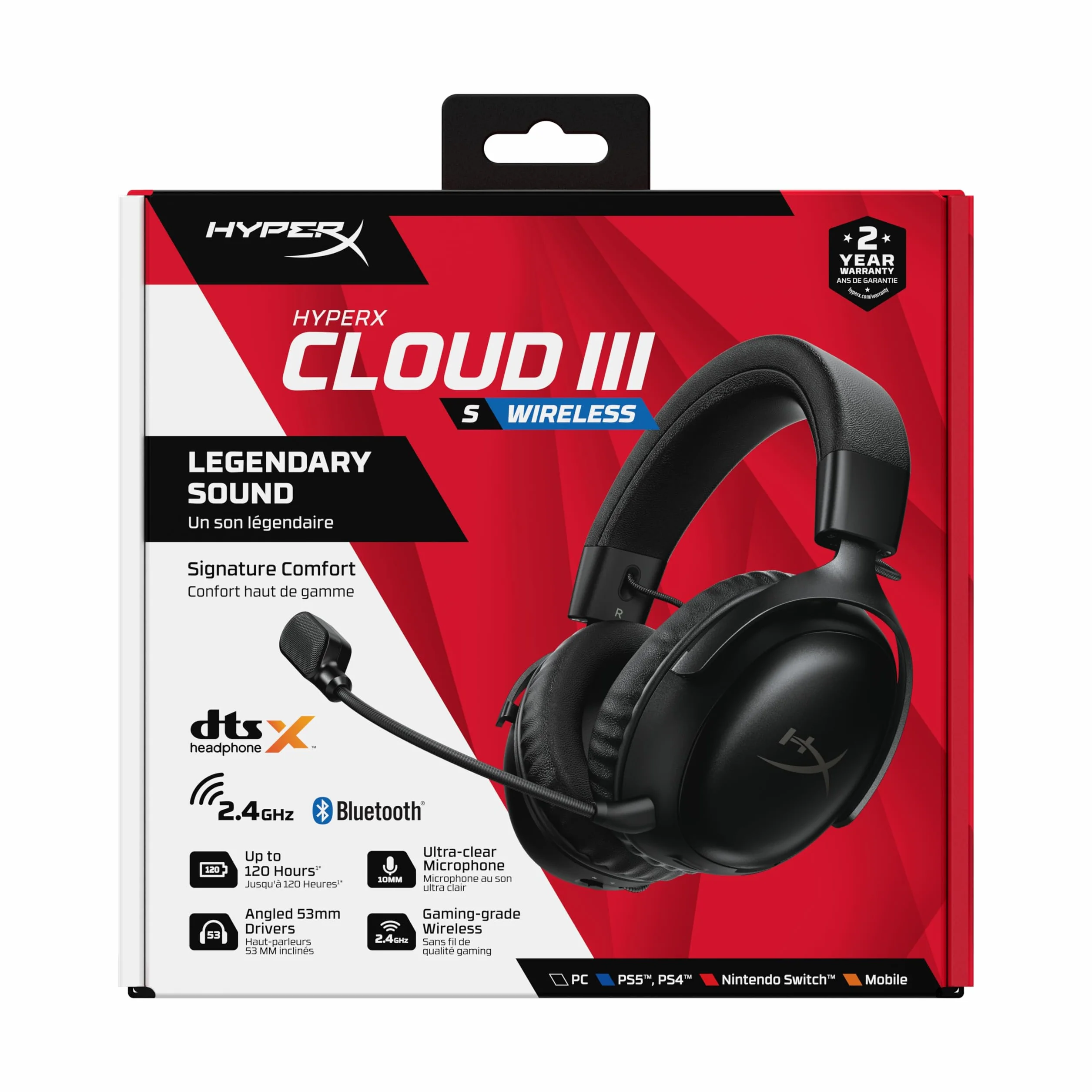 HyperX Cloud III S Casque Gaming sans Fil Bluetooth 2,4 GHz PC PS5 Xbox 200h Batterie 53 mm DTS Micro 10 mm Noir