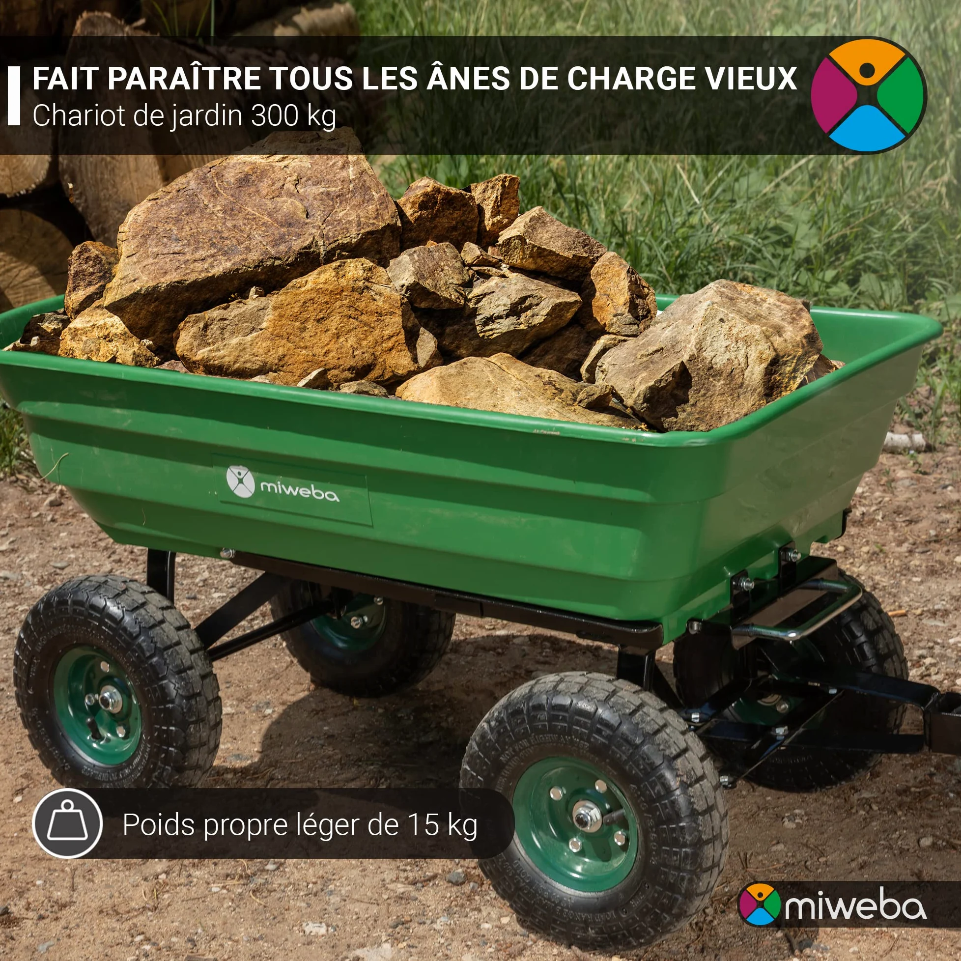 Miweba Chariot de Transport Dumper | Capacité 300 kg - Bac en PP - Basculement - Chariot à Main - Attelage - Essieu Directeur - Pneus gonflables - Brouette - Chariot de Jardin (Gris) | Fonction basculante - Volume 75 l - Diable - Brouette - Chariot de tra
