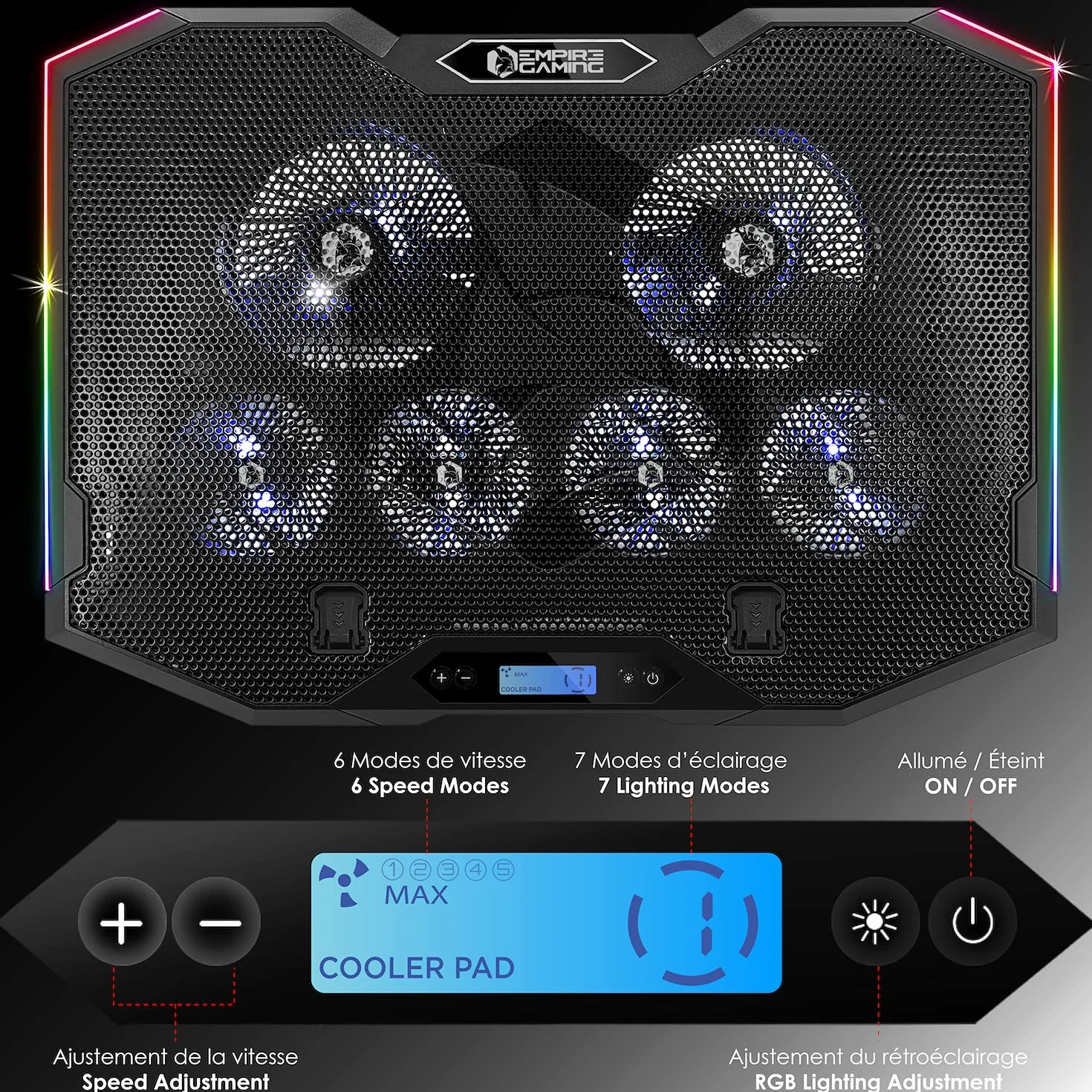 EMPIRE GAMING Guardian S-C100 Refroidisseur PC Portable RGB Gamer 6 Ventilateurs Contrôleur LCD 5 Hauteurs Réglables Compatible 12-17 Pouces Noir