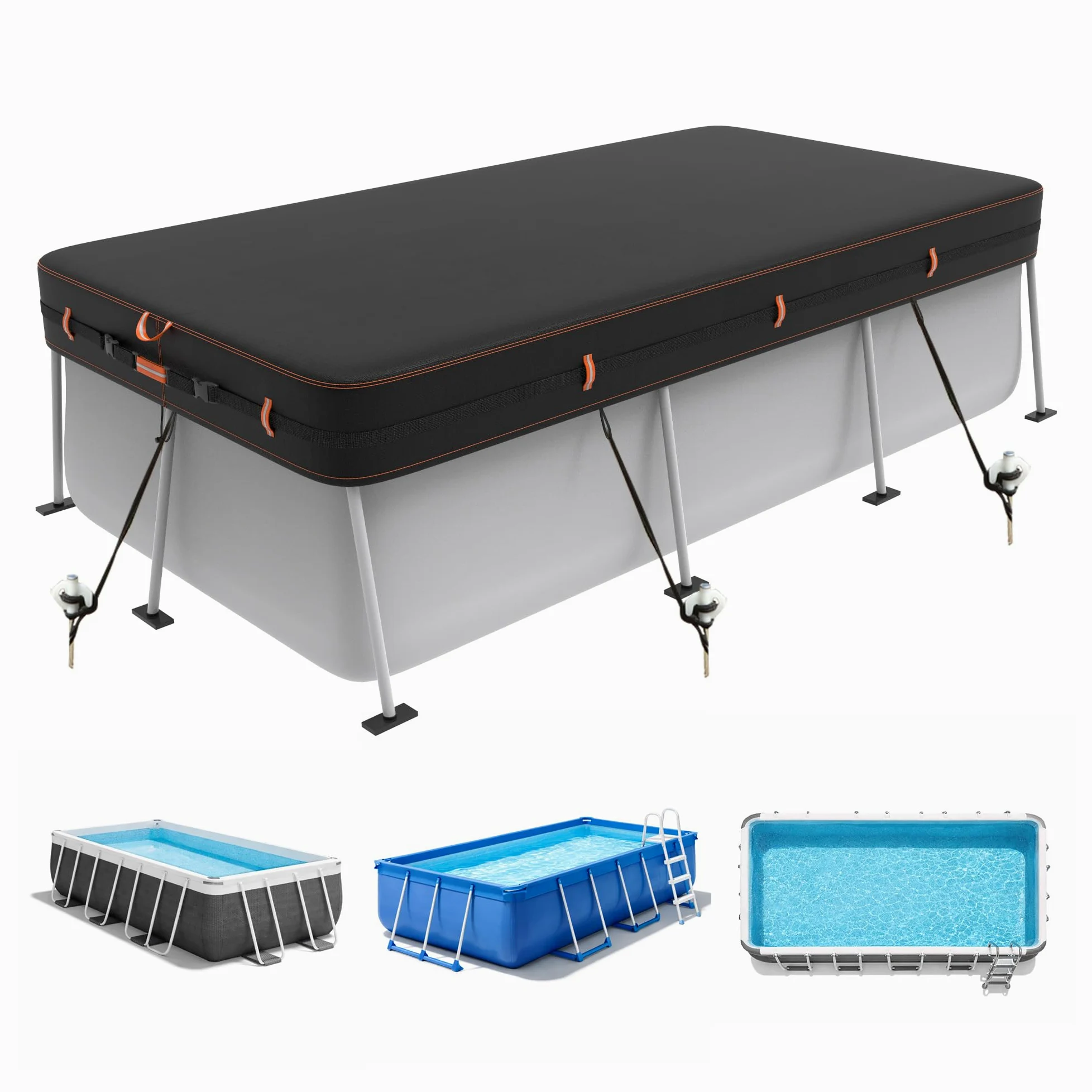BâChe Rectangulaire 420D pour Piscine Hors Sol, RéSistante Aux UV Et Aux DéChirures, Disponible en Plusieurs Tailles 284x558cm, Protection Coupe-Vent avec Bandes RéFléChissantes.