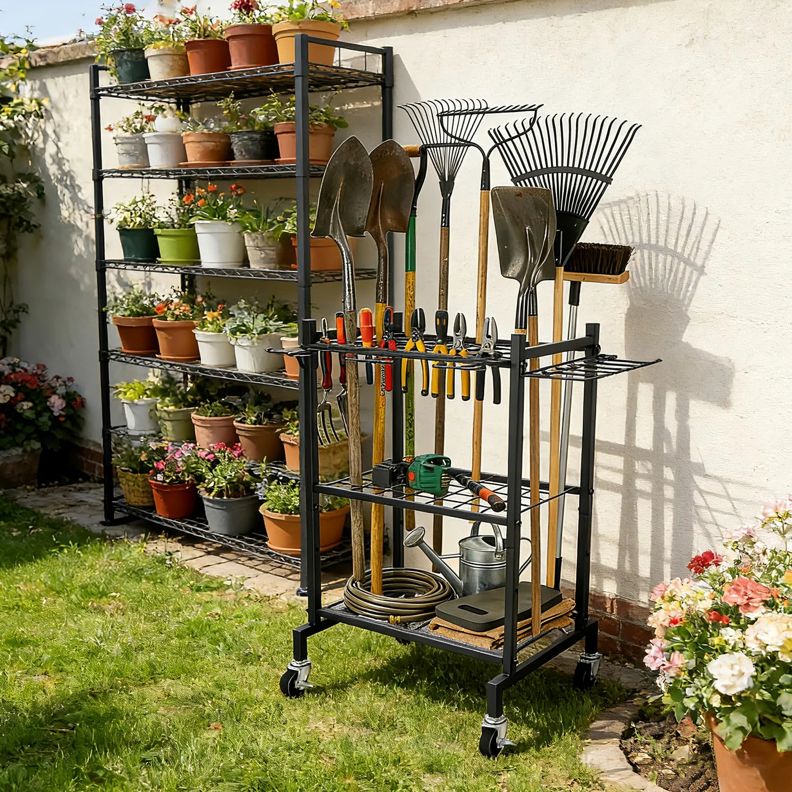 Étagère de rangement pour outils de jardin - 4 crochets et 35 fentes - En acier au carbone - Multifonction - Avec roulettes - Pour abri de jardin, balais, serpillère, râteau, pelle, tuyau d'arrosage
