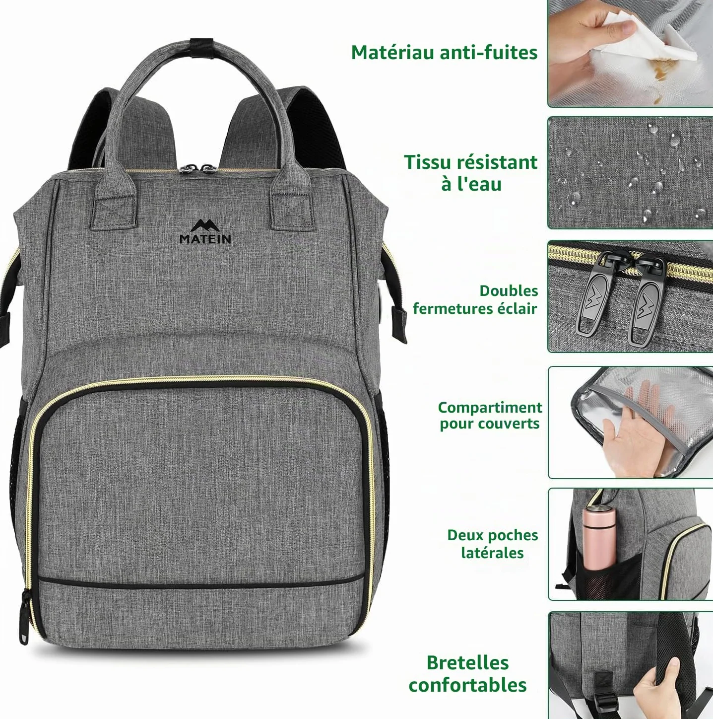 MATEIN Sac à Dos Isotherme Repas 15,6 Pouces Ordinateur Femme Homme Voyage Imperméable Gris
