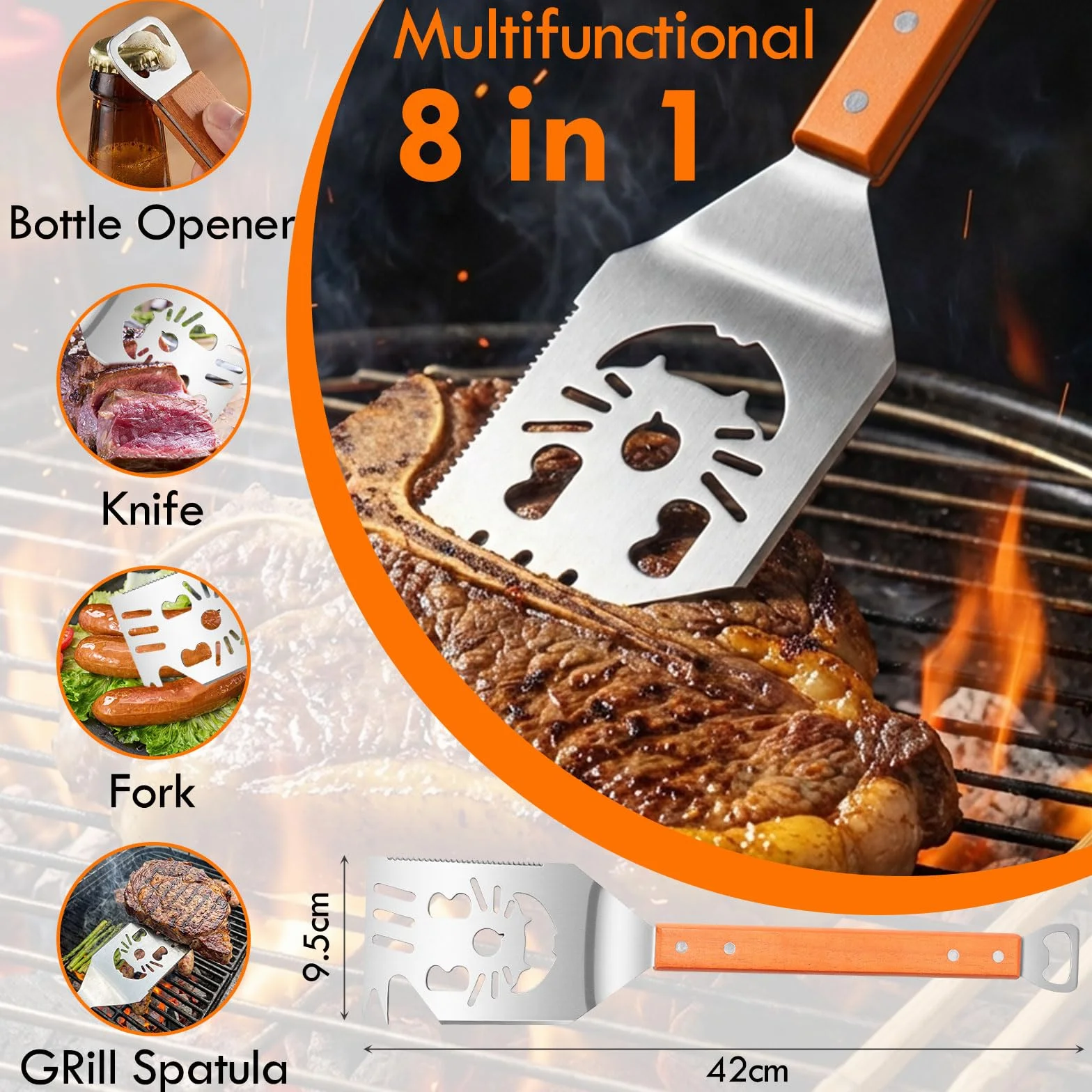 Ensemble d'ustensiles de barbecue en acier inoxydable 4 pièces avec pinces, spatule, fourchette à viande, manches en bois