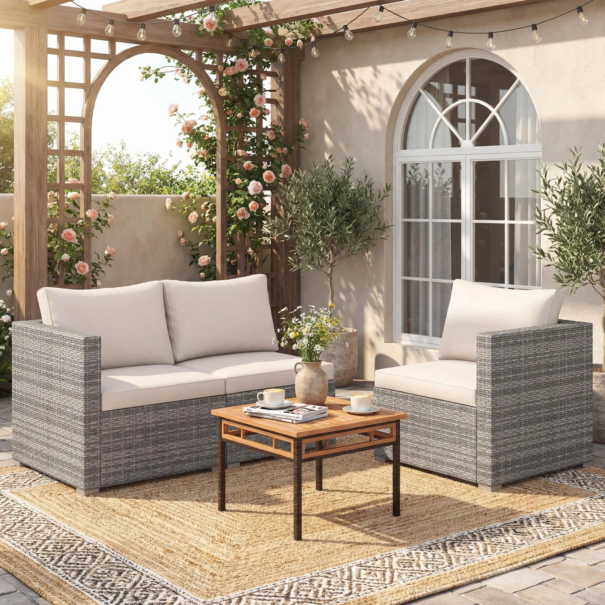 LIFEZEAL Canapé de Jardin 3 Places Rotin PE Charge 540 KG Modulable Beige