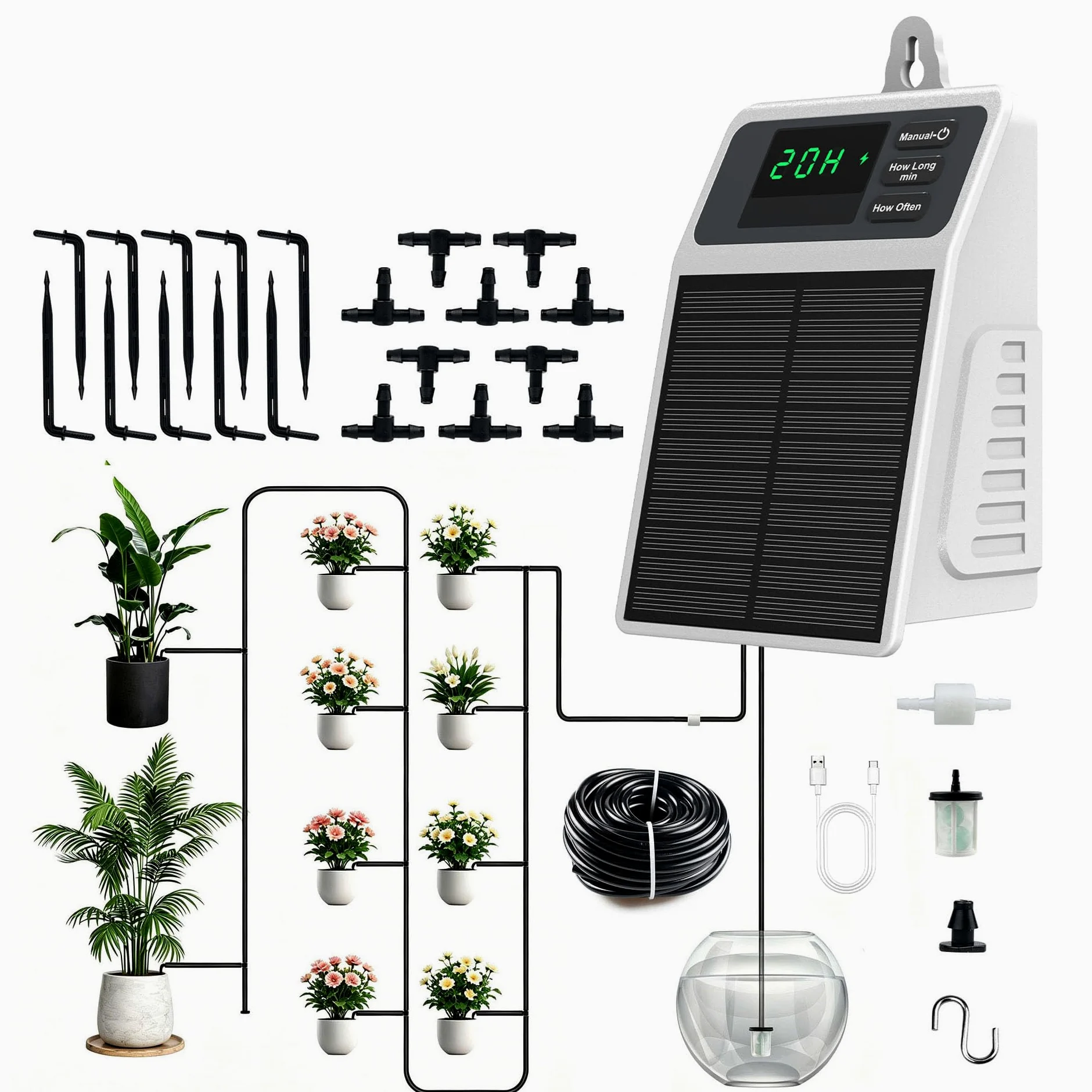 Système d'arrosage automatique solaire goutte à goutte avec tuyau d'arrosage de 10 m | Pompe d'arrosage automatique pour jardin, plantes en pot, serre, terrasse, intérieur et extérieur