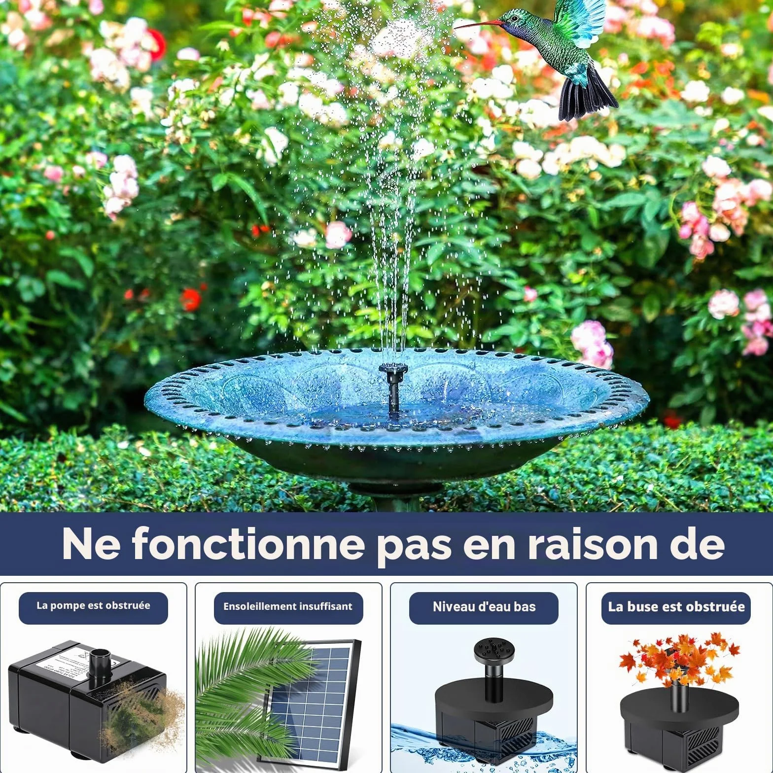 Fontaine Solaire Extérieure Pompe Bassin 6,5W avec 9 Buses pour Bain d'oiseaux Jardin