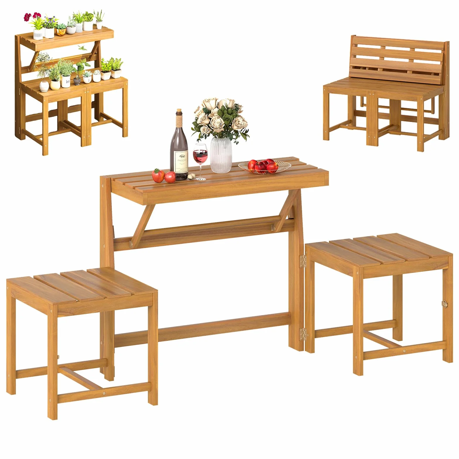 GOPLUS Salon de Jardin Extérieur 3 en 1 Banc Convertible Acacia Pliant 2 Personnes FSC Naturel