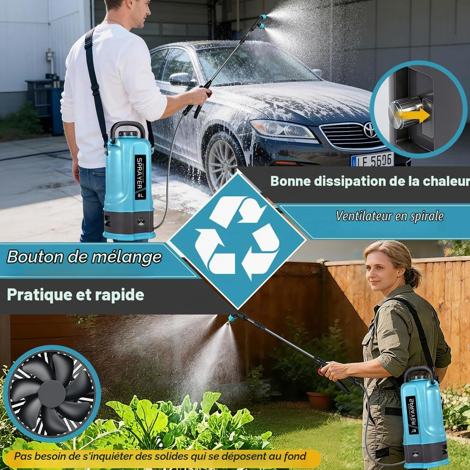 Pulverisateur Electrique 8L,45PSI Pulvérisateur de Jardin Compatible avec Makita 12V Batteries,Pulvérisateur à Batterie avec 5 Buses Reglables,Lance Télescopique,2.0 Ah Batterie,Chargeur