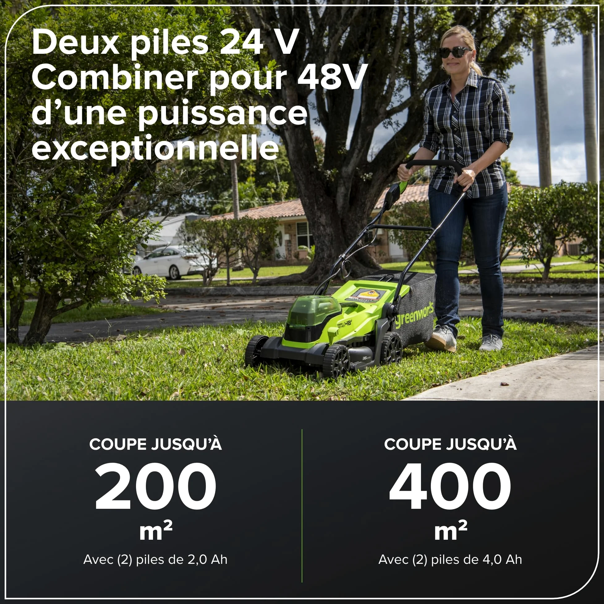 Greenworks 48V (24V x 2) Tondeuse à gazon sans fil , 36cm largeur jusqu'à 200m² ,40L Sac de Ramassage avec batterie 2x2Ah et chargeur à double fente, Garantie 3 Ans, GD24X2LM36K2x