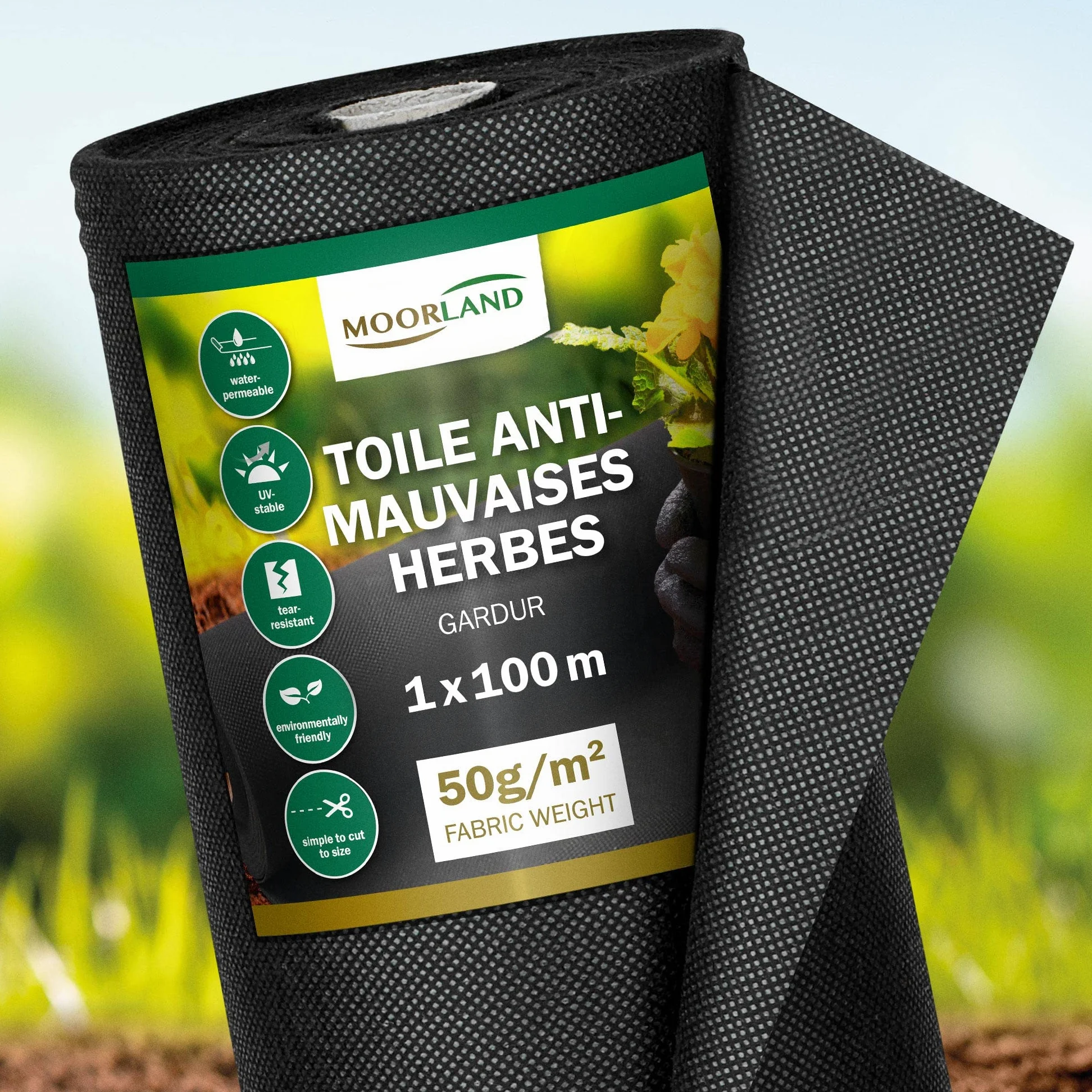 Moorland Toile Anti Mauvaises Herbes Jardin perméable à l'eau résistant | 100m² largeur 1m noir 100% recyclable paillage pour jardins et terrasses Ancheur voile indéchirable bache Gardur