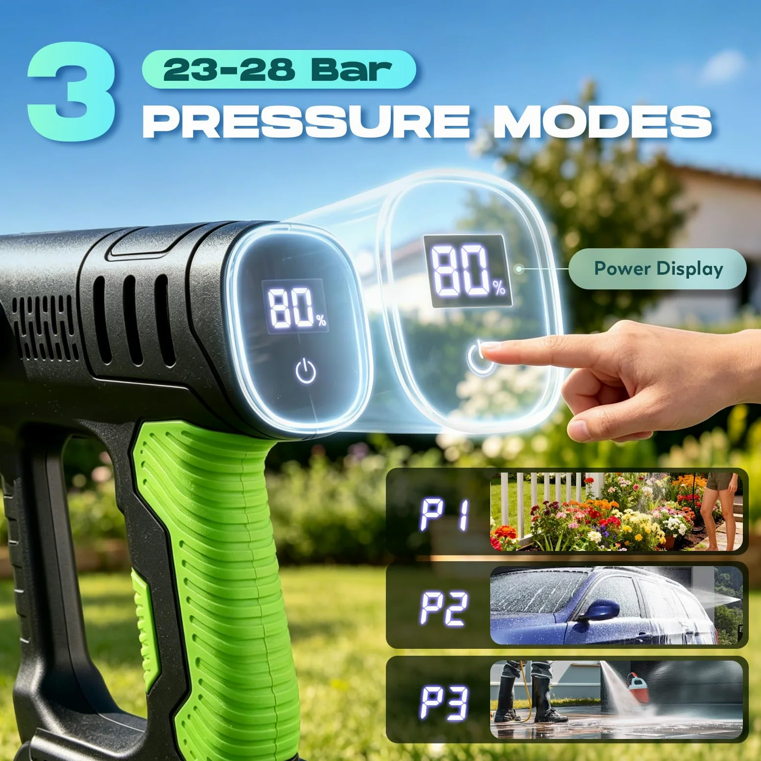CGOLDENWALL Nettoyeur Haute Pression sans Fil, 3 Vitesses, 2 Batteries 3Ah | Moteur sans Balais, Buse 6 en 1, 23–28 Bar，Débit de 5 L/Min, 3 Modes d’Alimentation, Tuyau 5m, pour Voiture, Terrasse, Jardin