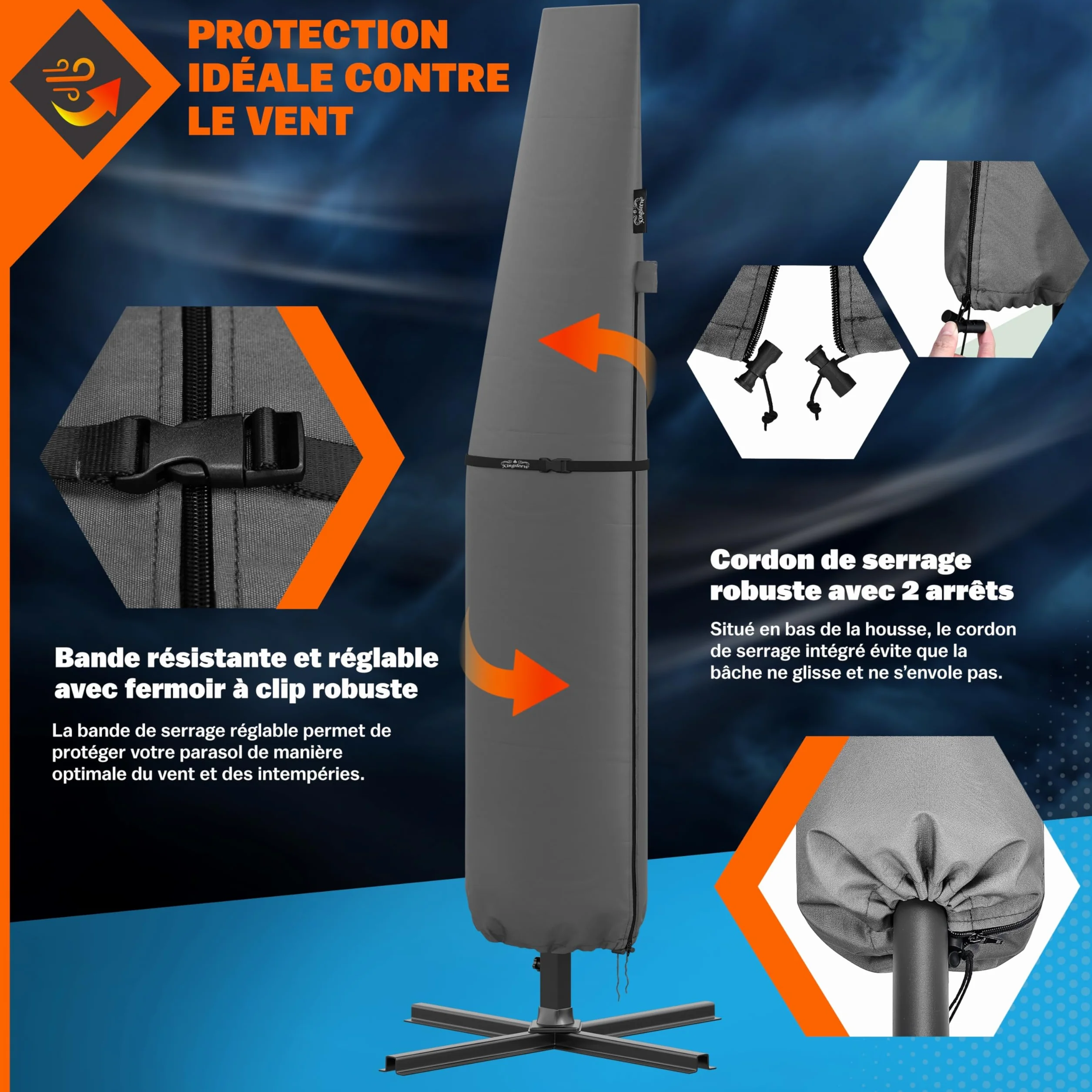 Housse de parasol télescopique Ø350cm résistante aux intempéries bâche de protection universelle gris
