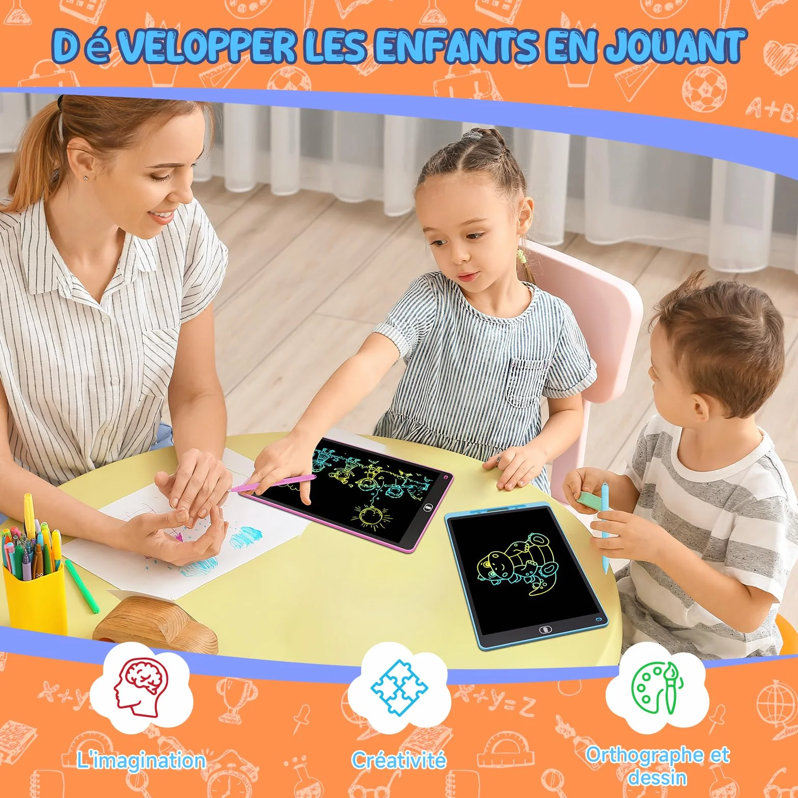 Tablette d'écriture LCD 12 Pouces Lot de 3 - Ardoise Magique Enfant avec Écran Sensible Pression & Couleurs Arc-en-Ciel