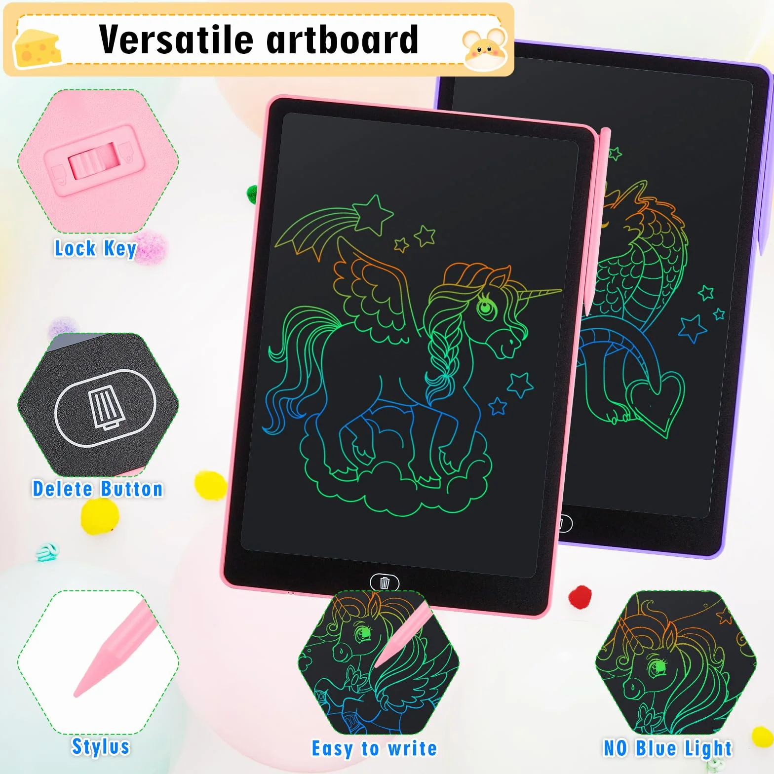 Tablette D'écriture LCD 15 Pouces 2 Pack, Écran Coloré, Bloc D'écriture Effaçable avec Autocollants Animaux, Rose + Violet