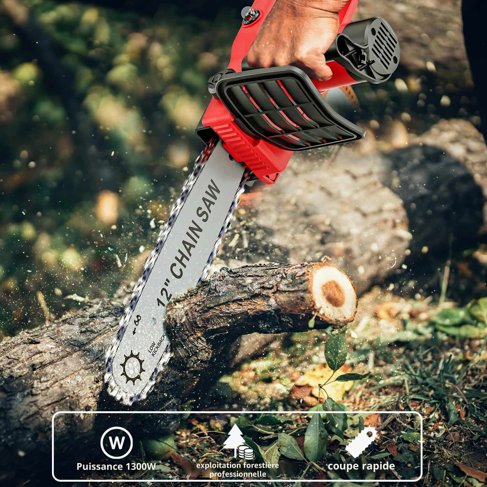 Brushless Mini Tronconneuse a Batterie 12 Pouces, 6000mAh Tronçonneuse Électrique Sans Fil Portable et 2 * 3000mAh Batteries,Lubrification Automatique pour la Coupe Du Bois, Les Branches D'arbres. (S)