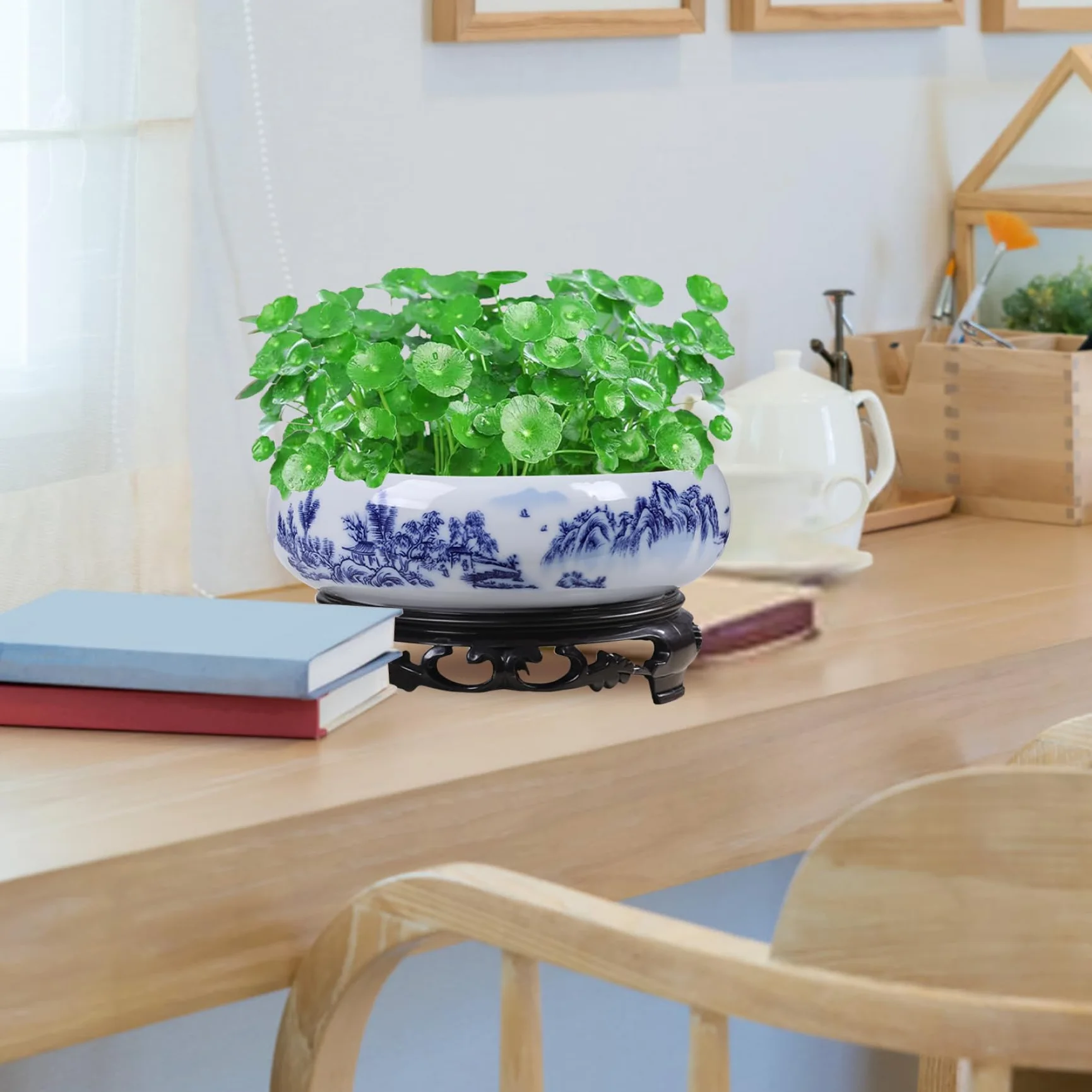Lotus pot de fleurs en céramique bleue et blanche, pot décoratif rond pour jardin, balcon, bureau