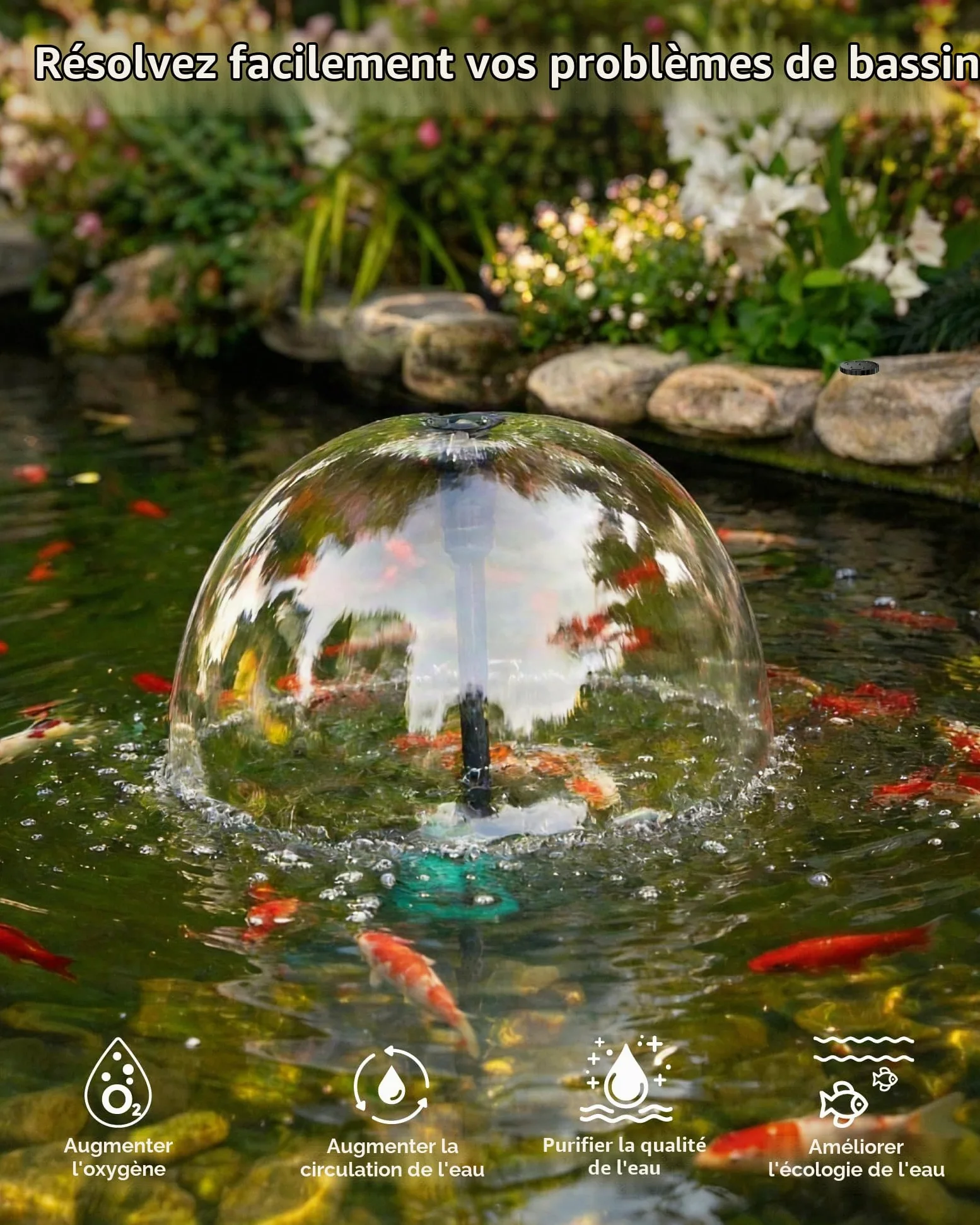 POPOSOAP Fontaine de Bassin Solaire avec lumières RGB - Pompe Submersible 40W, débit 2100L/h, Hauteur et débit réglables pour décoration Jour & Nuit et amélioration de la qualité de l’Eau