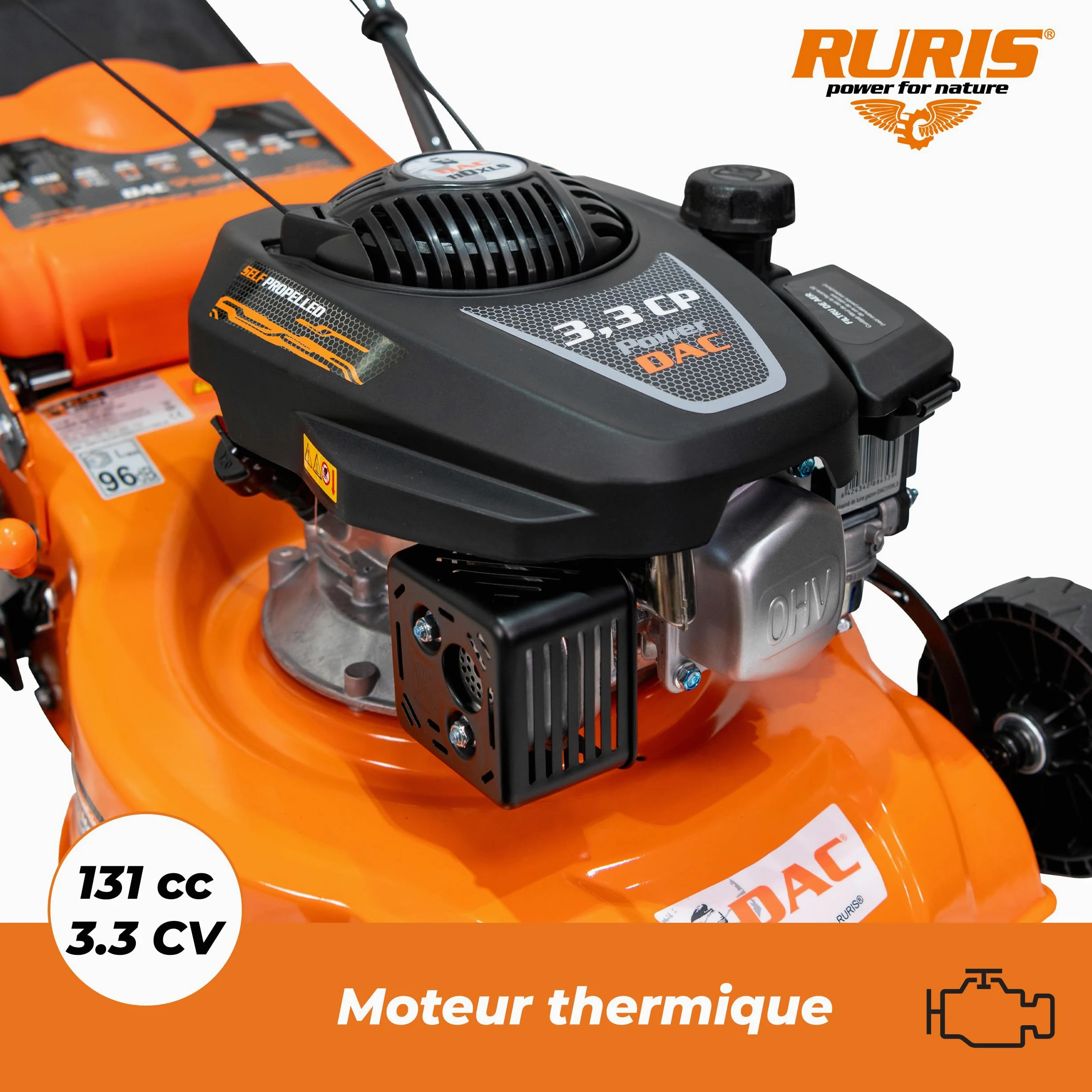 RURIS Tondeuse à Gazon Thermique Autotractée DAC 110XLS – Moteur 3,3 CV 131 CC, Largeur de Coupe 400 mm, Hauteur réglable 25-65 mm, bac 45 L, éjection arrière, châssis en métal
