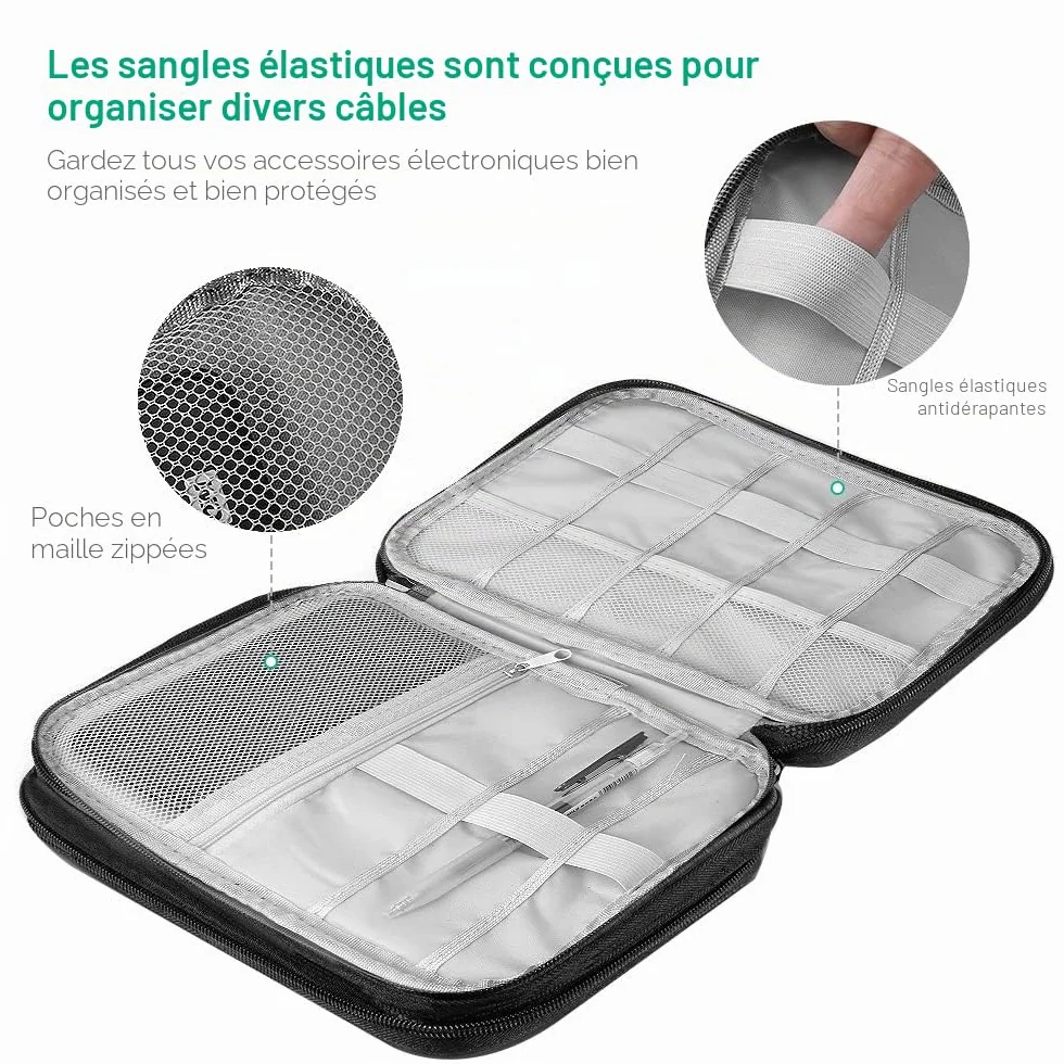 Sac Électronique Antichoc Anti Humide pour Câbles, Chargeur, Disques Durs, USB - Noir