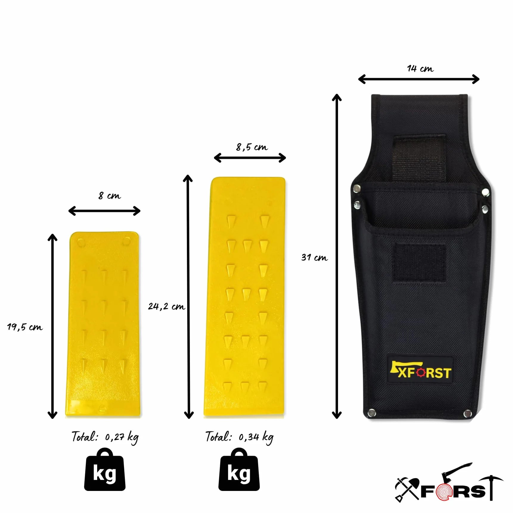Cales d’Abattage Professionnelles Lot de 2 – Coins Forestiers 19,5 cm & 24,2 cm Plastique ABS Jaune Résistant aux Chocs et au Gel – Accessoires Tronçonneuse avec Sac