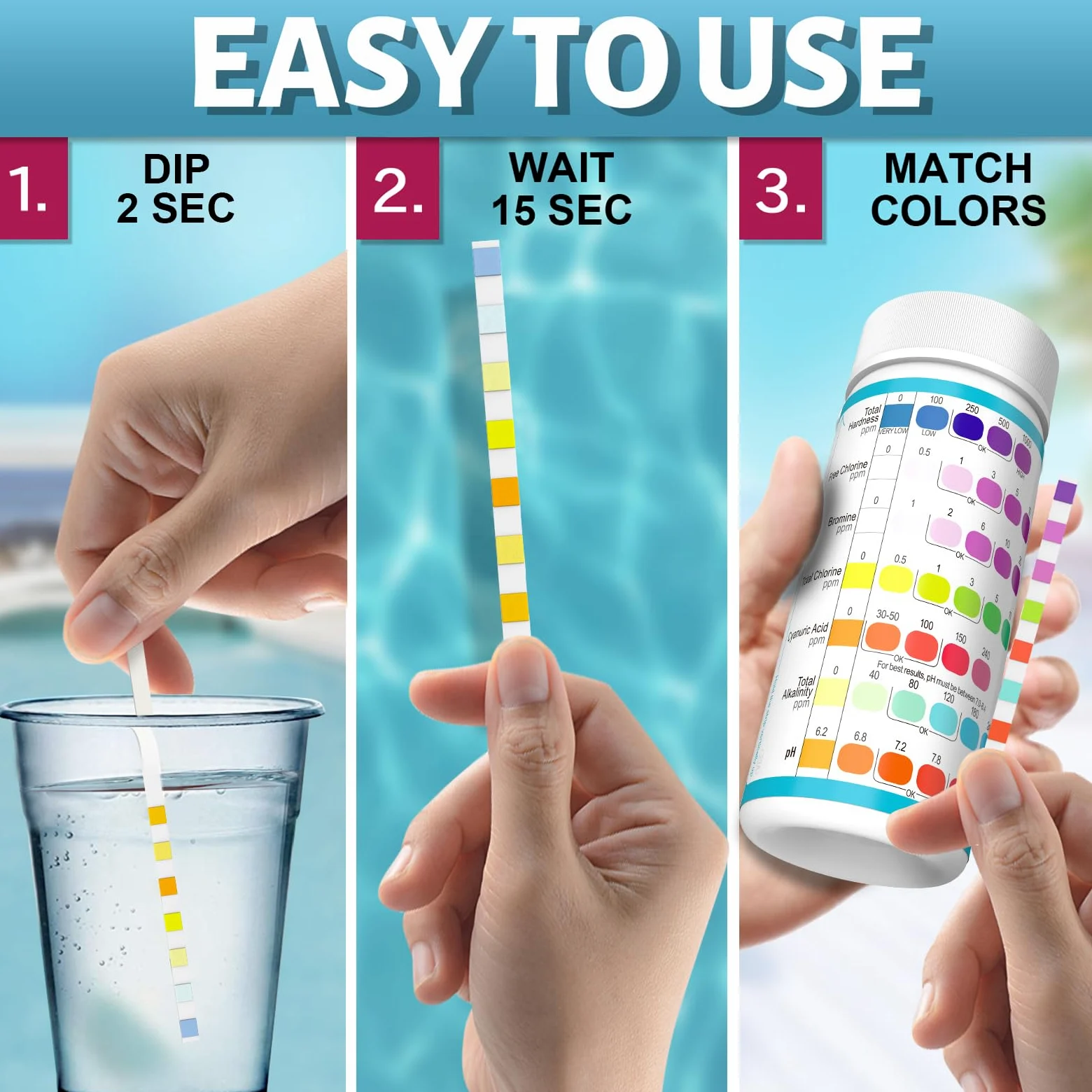 EASYTEST 140 bandelettes de test de piscine à 9 voies, jacuzzi et spa, pour le pH, le chlore total, le chlore libre, le brome, l'alcalinité, la dureté totale, l'acide cyanurique, le sel et le cuivre