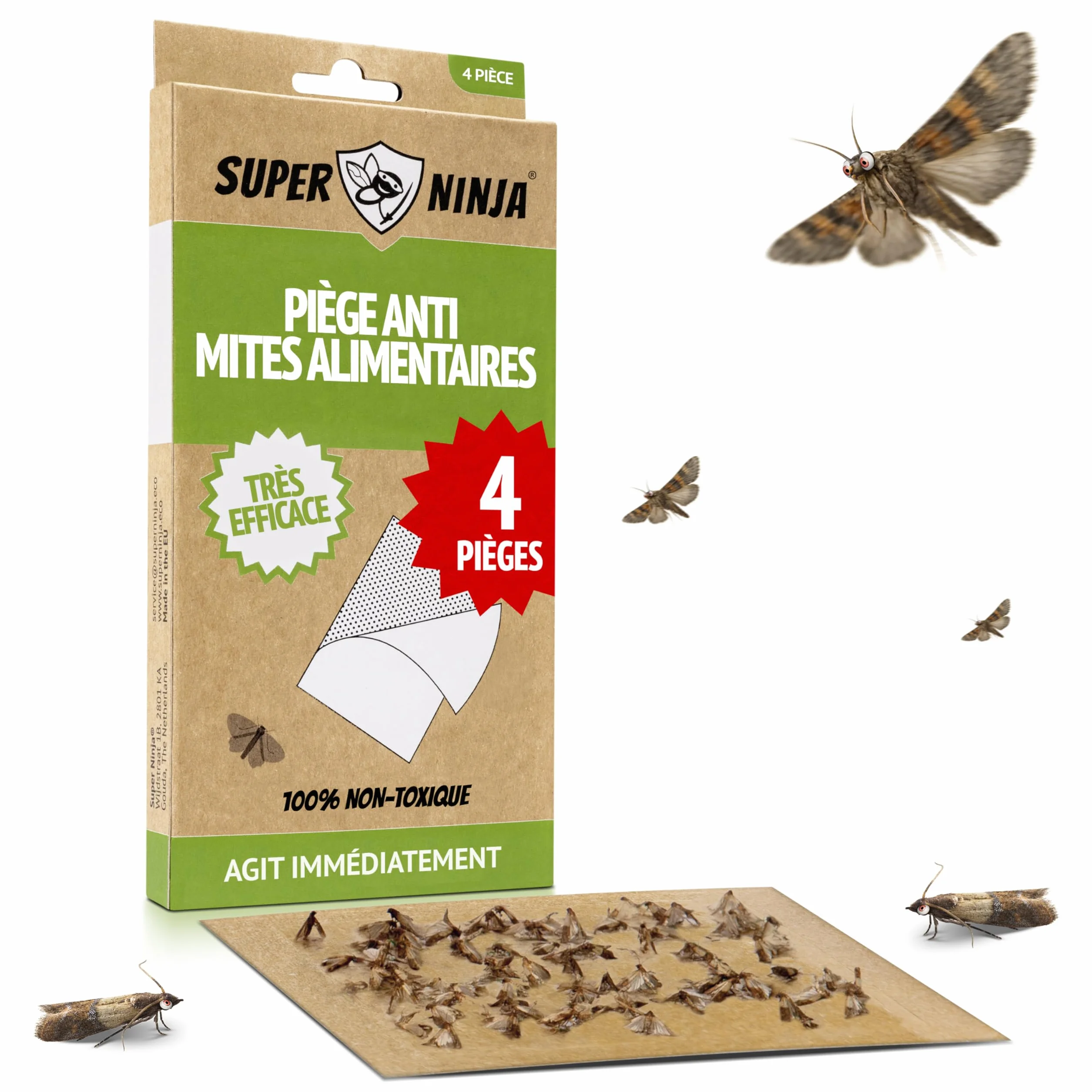 Super Ninja Anti Mites Alimentaires Pack de 4 Pièges avec Phéromone Attractif Cuisine Placards Protection 3 Mois