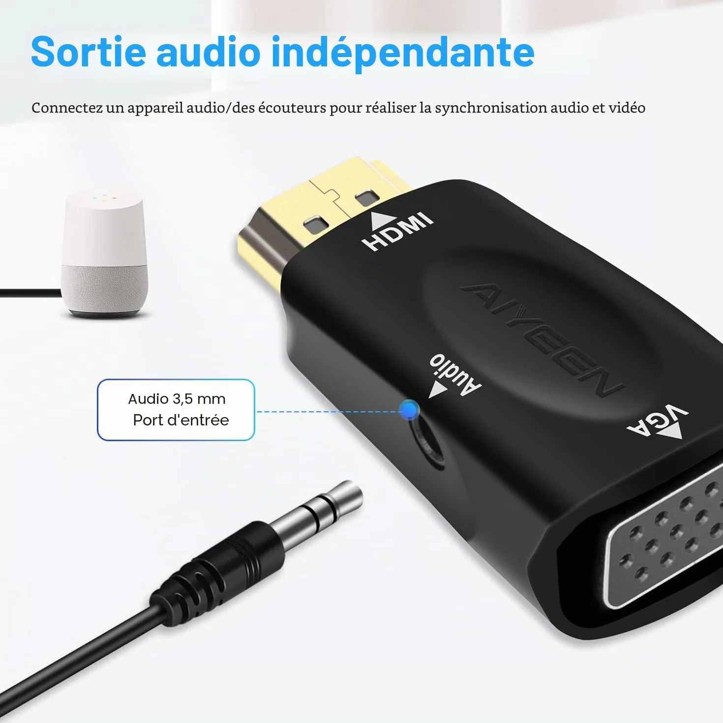 Adaptateur HDMI vers VGA Mâle Femelle 1080p avec Jack Audio 3.5mm Compatible