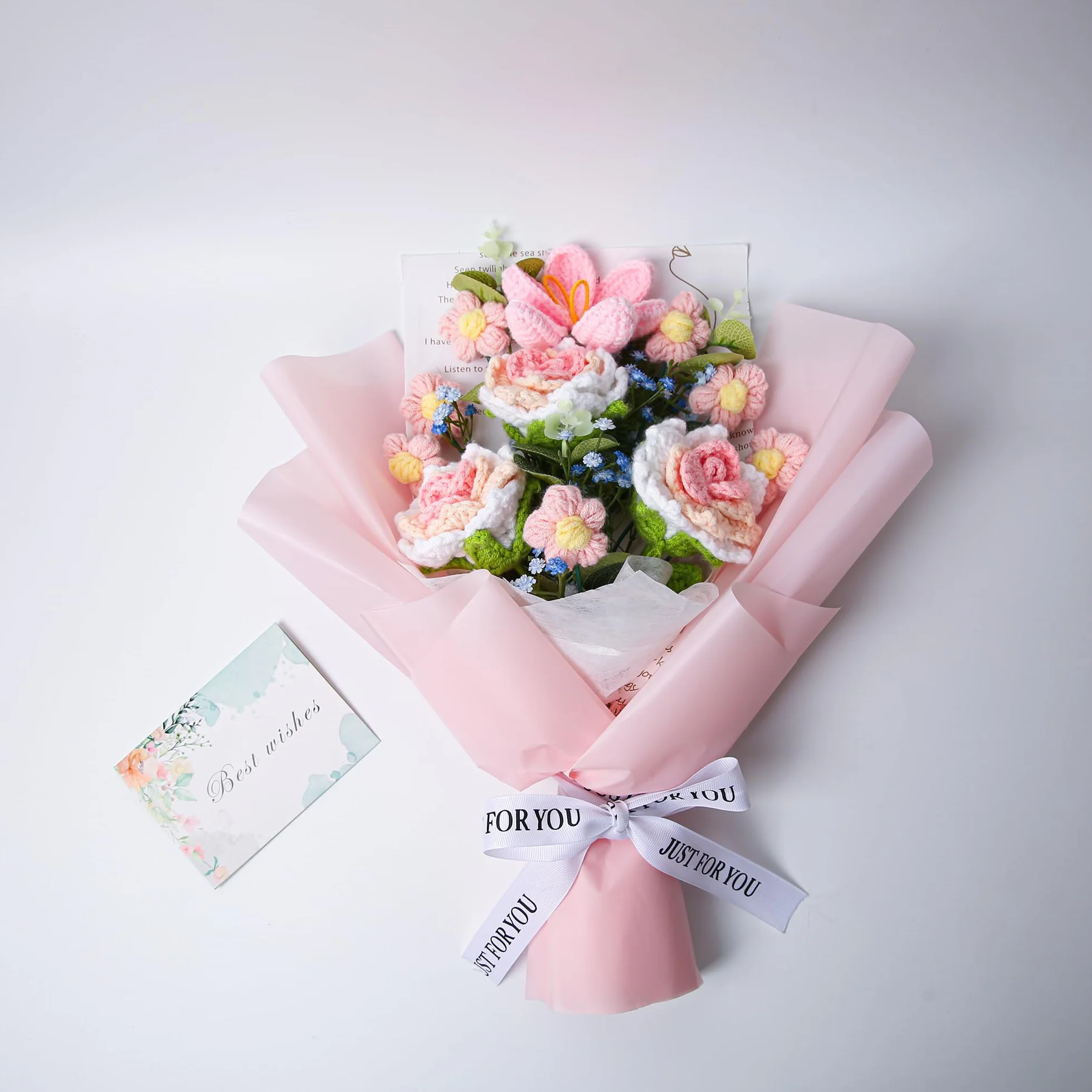 EZsenses Bouquet de fleurs au crochet – Roses tricotées à la main pour décoration d'intérieur, avec sac cadeau et carte de vœux