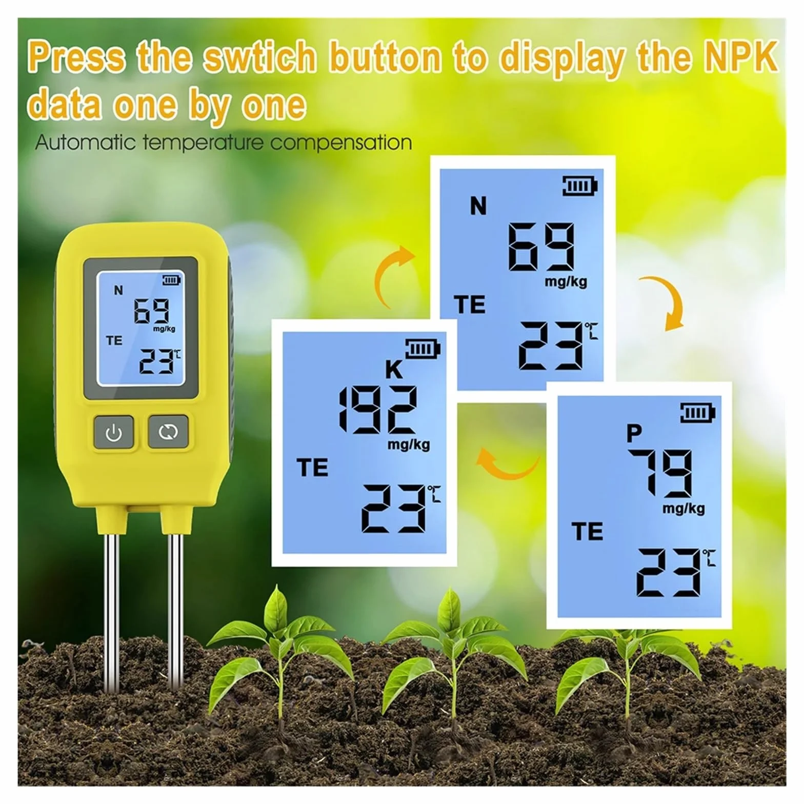 Testeur de Sol NPK avec écran LCD rétroéclairé, détecteur 4 en 1, Compteur nutriments for Engrais, analyseur température for Serre Jardinage, Agriculture