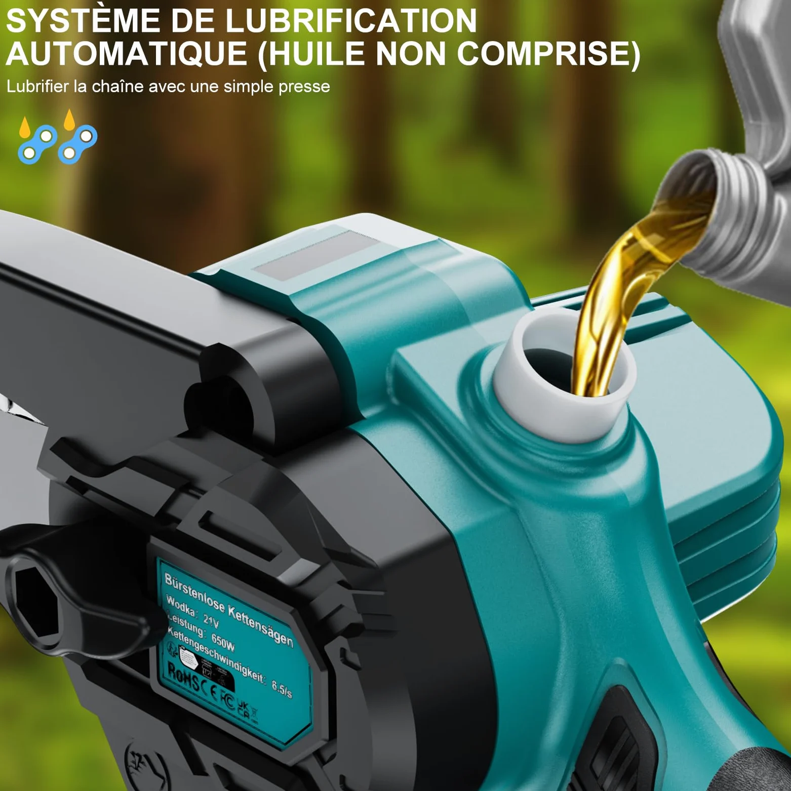 Mini tronçonneuse, 6 Pouces Tronçonneuse Électrique sans Fil | batterie 2×2.0Ah, Injecteur de Lubrifiant et 2 chaînes, indicateur de niveau de charge, 550 W,