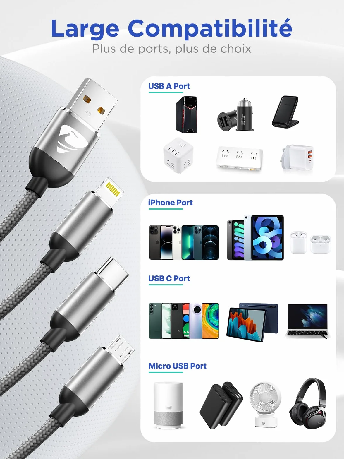 Câble Multi USB 3 en 1 Universel Rapide 1.2M Nylon Tressé Micro USB Type C Lightning pour iPhone Samsung Huawei